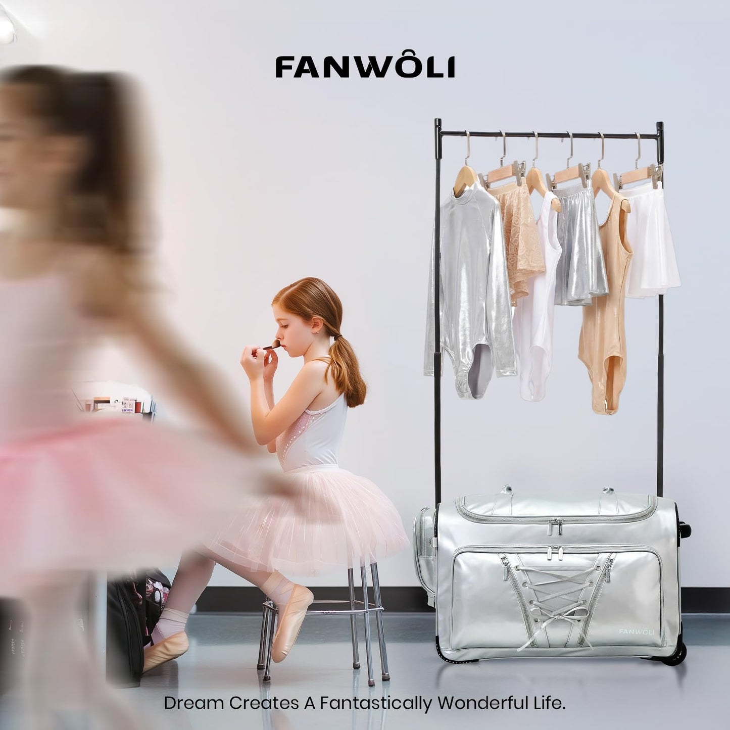 Fanwoli 23" Dance Bag with Garment Rack | Luminous Poise Collection | Waterproof Lustrous Satin Fabric | Competition Travel Duffel Luggage for Cheer, Skating, Gymnastics & Sleepover | Moonlight Silver