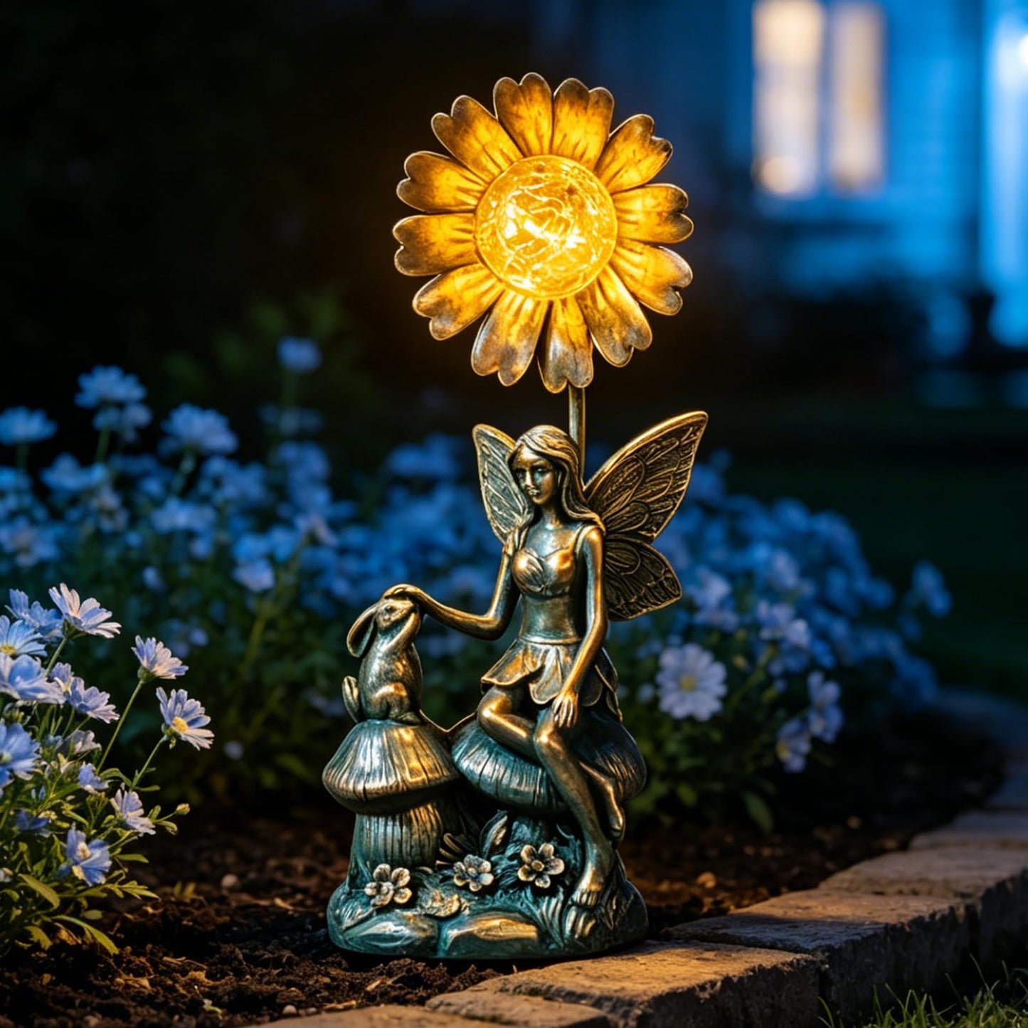 LIFESEEK Garden Solar Fairy Statue - Mushroom Seat, Touching Rabbit, Iron Flower Glass Ball, Whimsical Outdoor Ornament