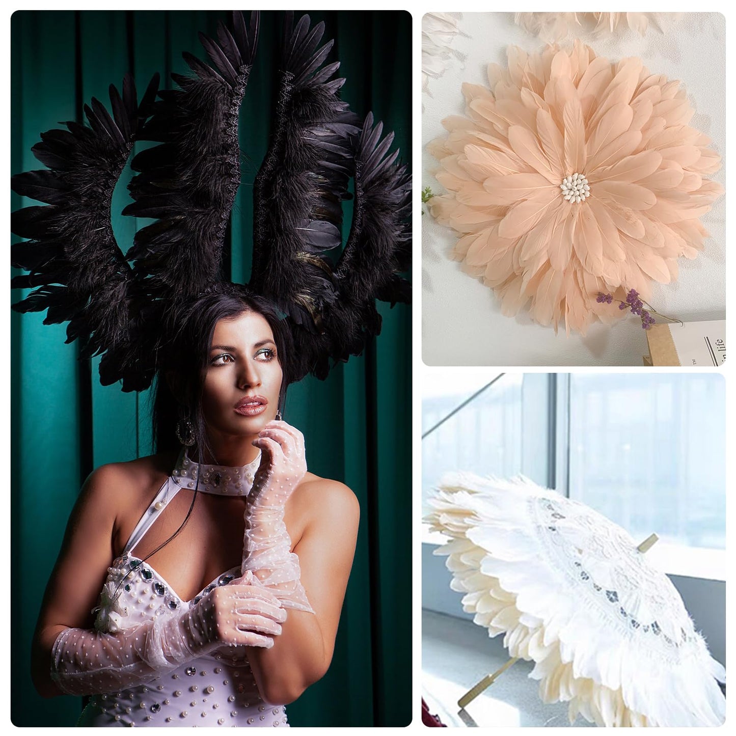 MAOFENG 2 Yards Natural Goose Feathers Trim Sewing Fringe Fashion Dress Sewing 6-8inch for DIY Handicrafts Costumes Decoration,Red
