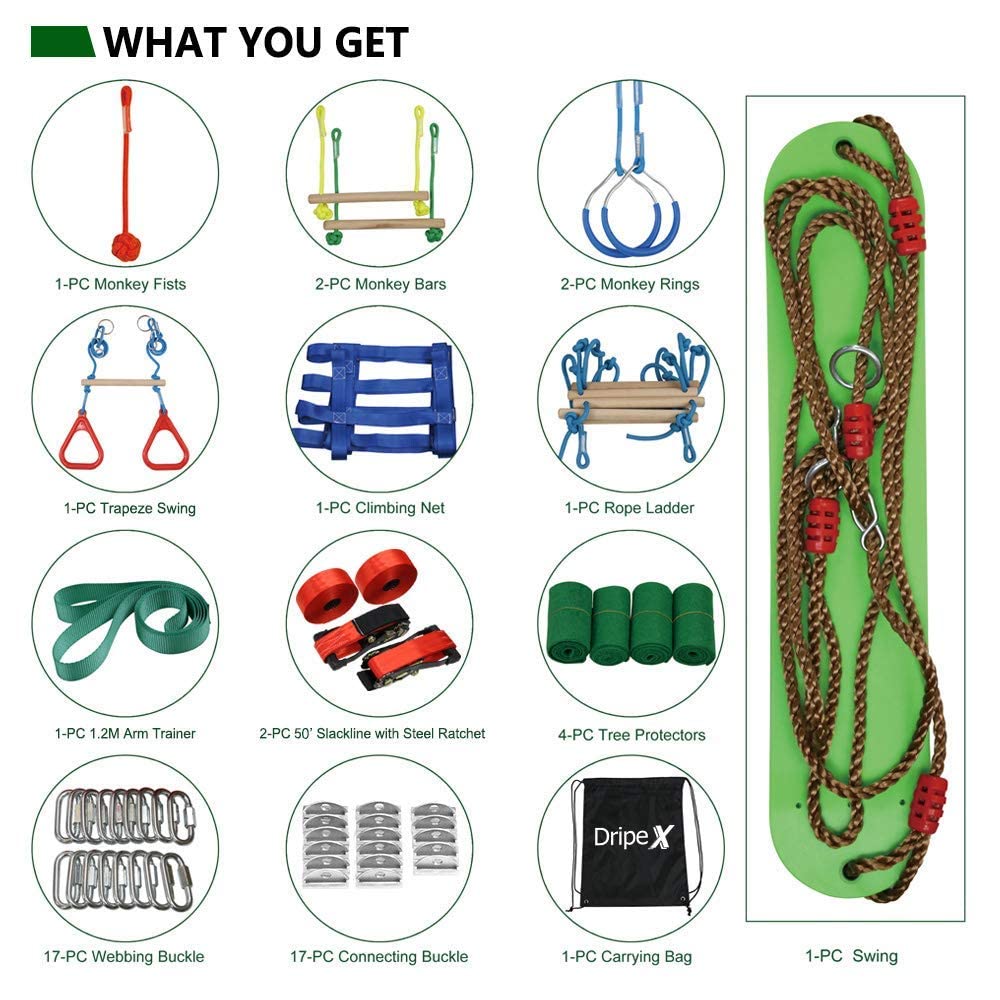 Ninja Warrior Obstacle Course for Kids Backyard - 2ร50ft Slackline Kit with 10 Most Complete Accessories for Boys & Girls, Swing, Rope Ladder, Gymnastic Ring, Climbing Net, Arm Trainer and Monkey Fist
