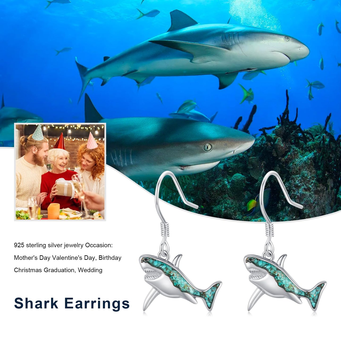 Shark Earrings for Women 925 Sterling Silver Turquoise Shark Dangle Drop Earrings Beach Themed Jewelry Ocean Gifts for Girlfriend Mom
