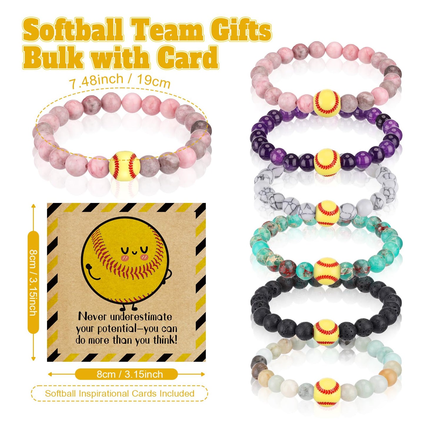 Tondiamo 6 Set Basketball Softball Inspirational Team Gifts Bulk Lava Stone Bracelet Motivational Card Bracelet Senior Night Sport Party Favors for Player Sport Lover (Softball)