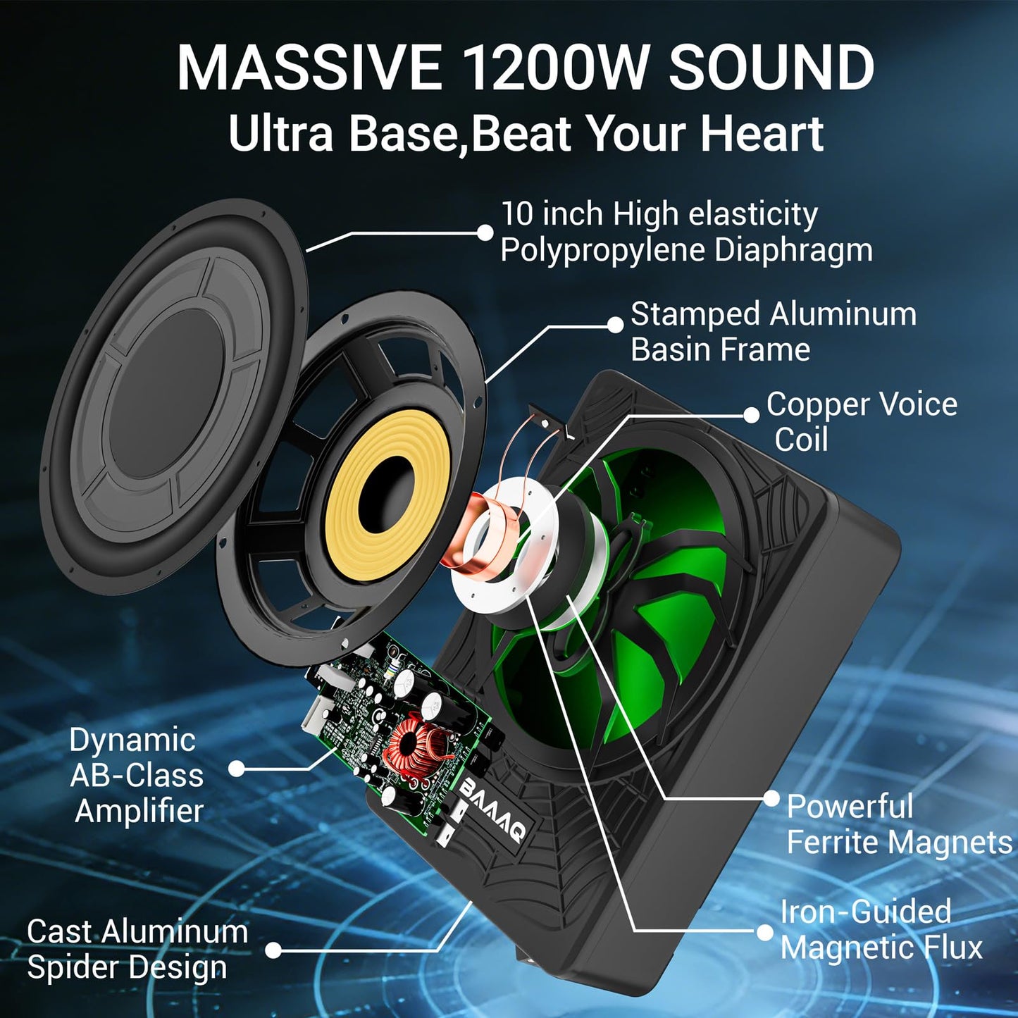Baaaq Slim Underseat Powered Car Subwoofer, 2026 Upgraded 10 inch 1200W Car/Truck Audio Subwoofer with Built-in Amplifier Amp Combo Package, Powerful bass and RGB LED Ambient Light for Car and Truck