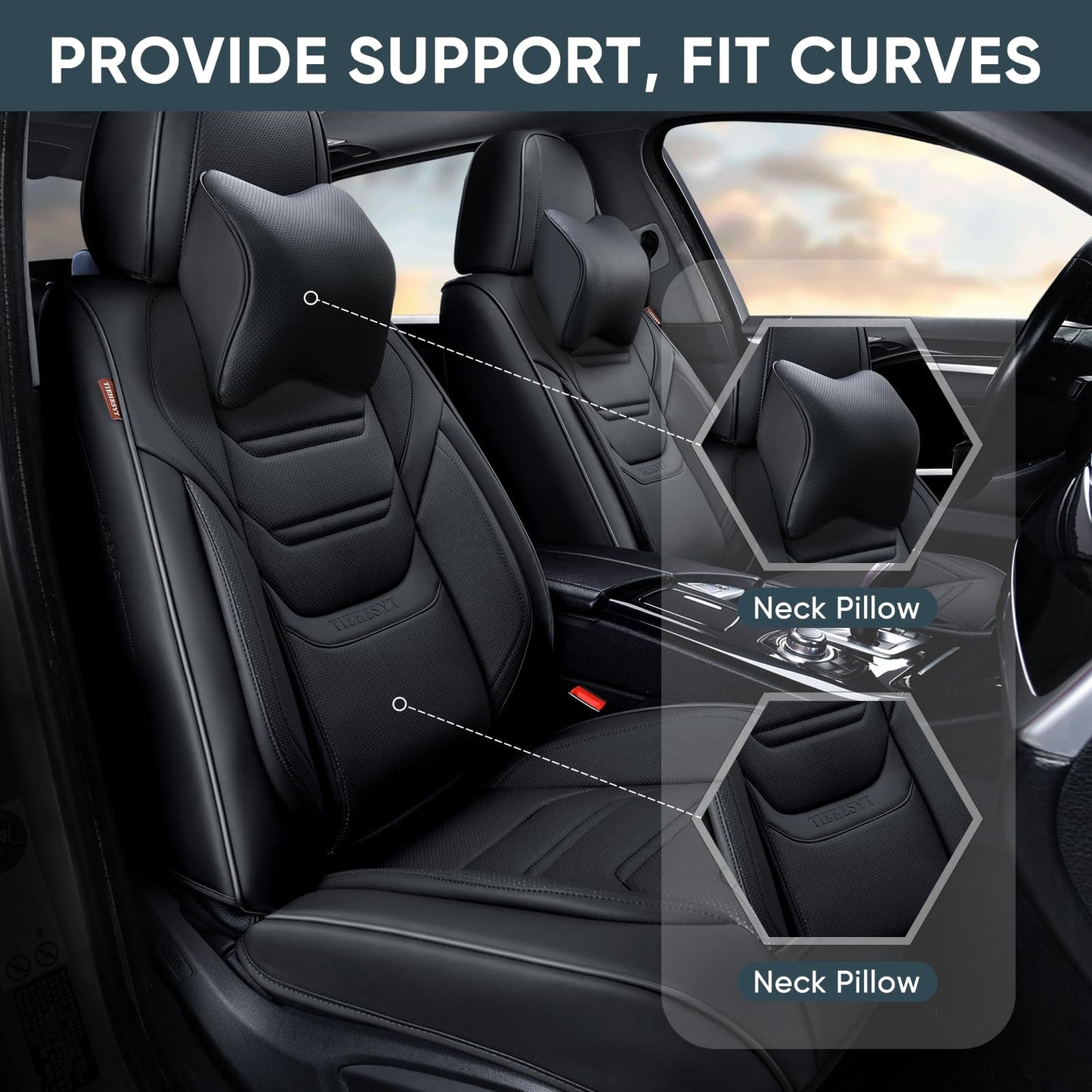 TIEHESYT Black Car Seat Covers Full Set, Breathable Leather Automotive Front and Rear Seat Covers with Headrest, Waterproof Auto Seat Protectors Fit for Most Sedans SUV Pick-up Truck