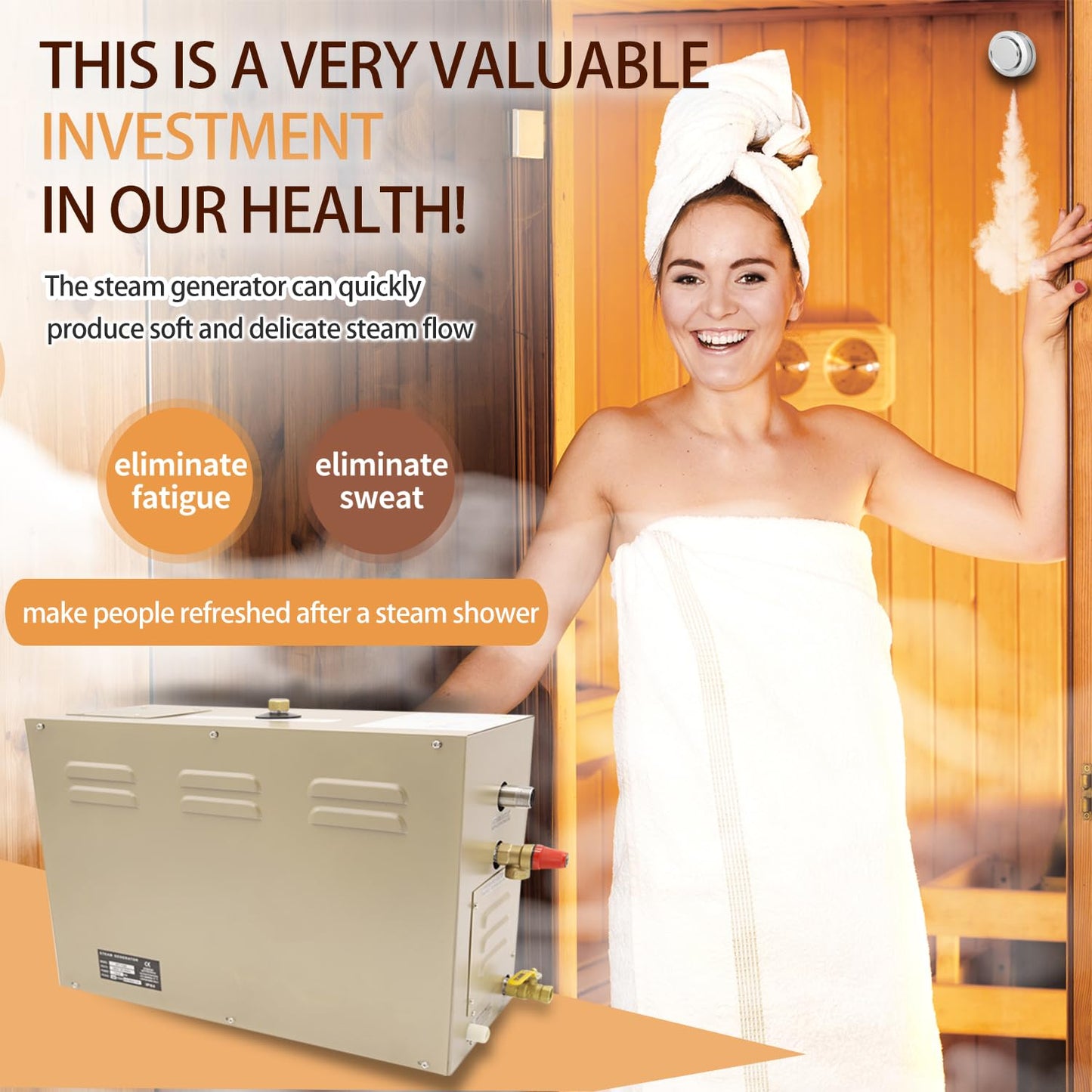 JJFFTAO,Steam shower generator,15kw Household-Commercial,Steam shower generator kit,with self-draining system,Temperature adjustable 95-131°F,Applicable space 420~560ft3