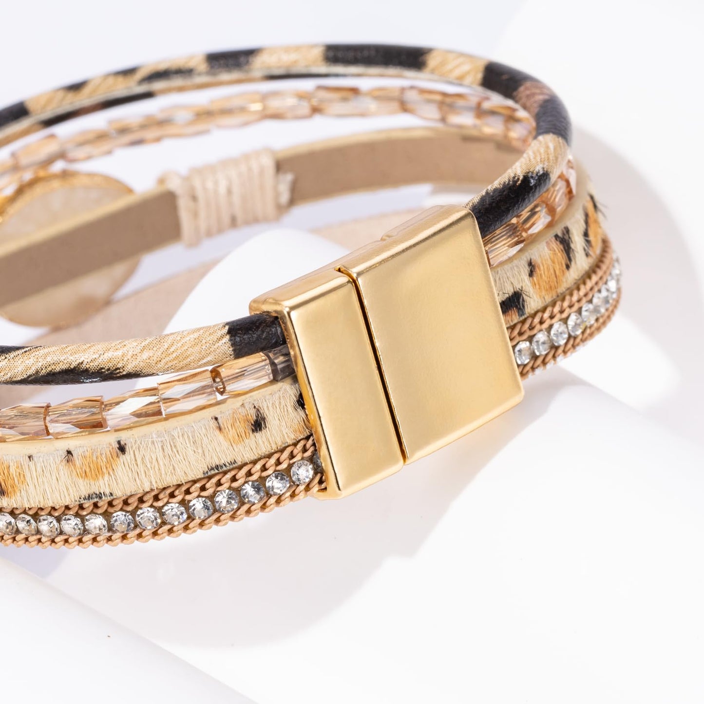 Becklynn Boho Leather Wrap Bracelets Beaded Crystal Stackable Cuff Bracelet with Magnetic Clasp Cowboy Cowgirl County Concert Outfits Western Jewelry Gifts for Women(Stone Leopard)