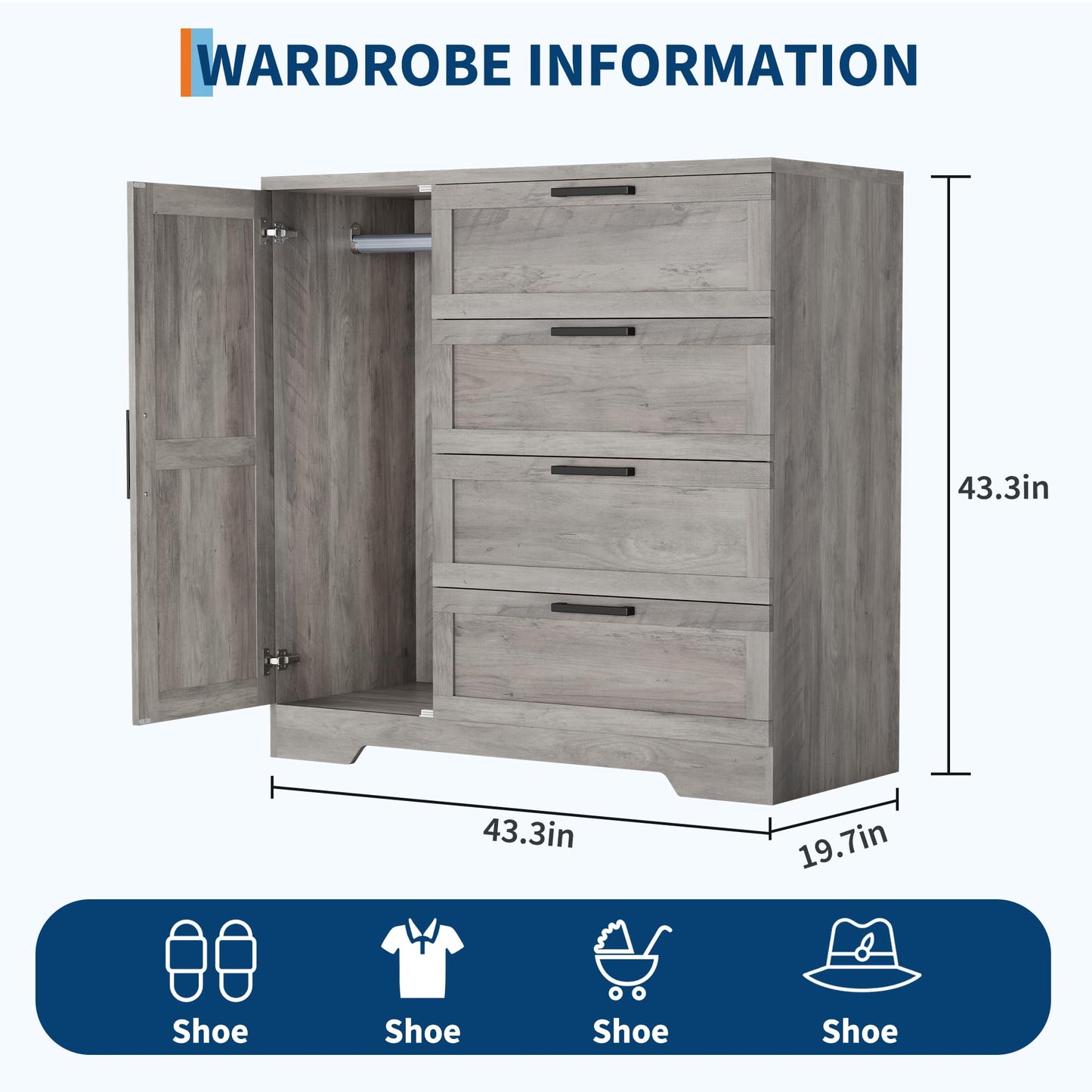 GarveeHome Wood Armoire Wardrobe Closet with 4 Drawers and Door, 43.3 in H Bedroom Wardrobe Cabinet with Hanging Rod, Clothing Storage Cabinets, 4 Drawers Dresser with Storage Closet, Gray
