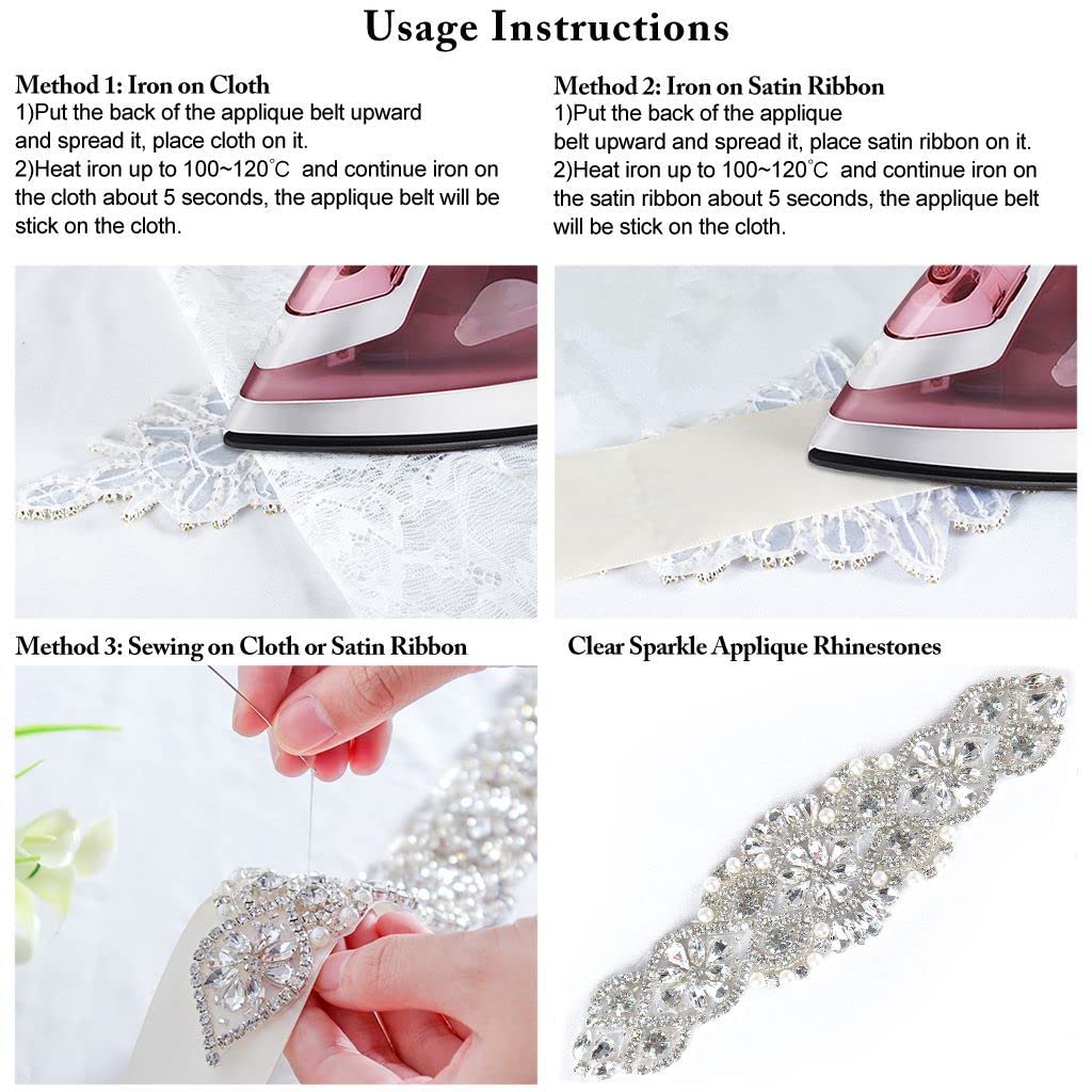 ShiDianYi Rhinestone and Pearl Beaded Applique for Bridal sash, Wedding Headband Wedding Belst Bridal Sash Silver Rhinestone Applique