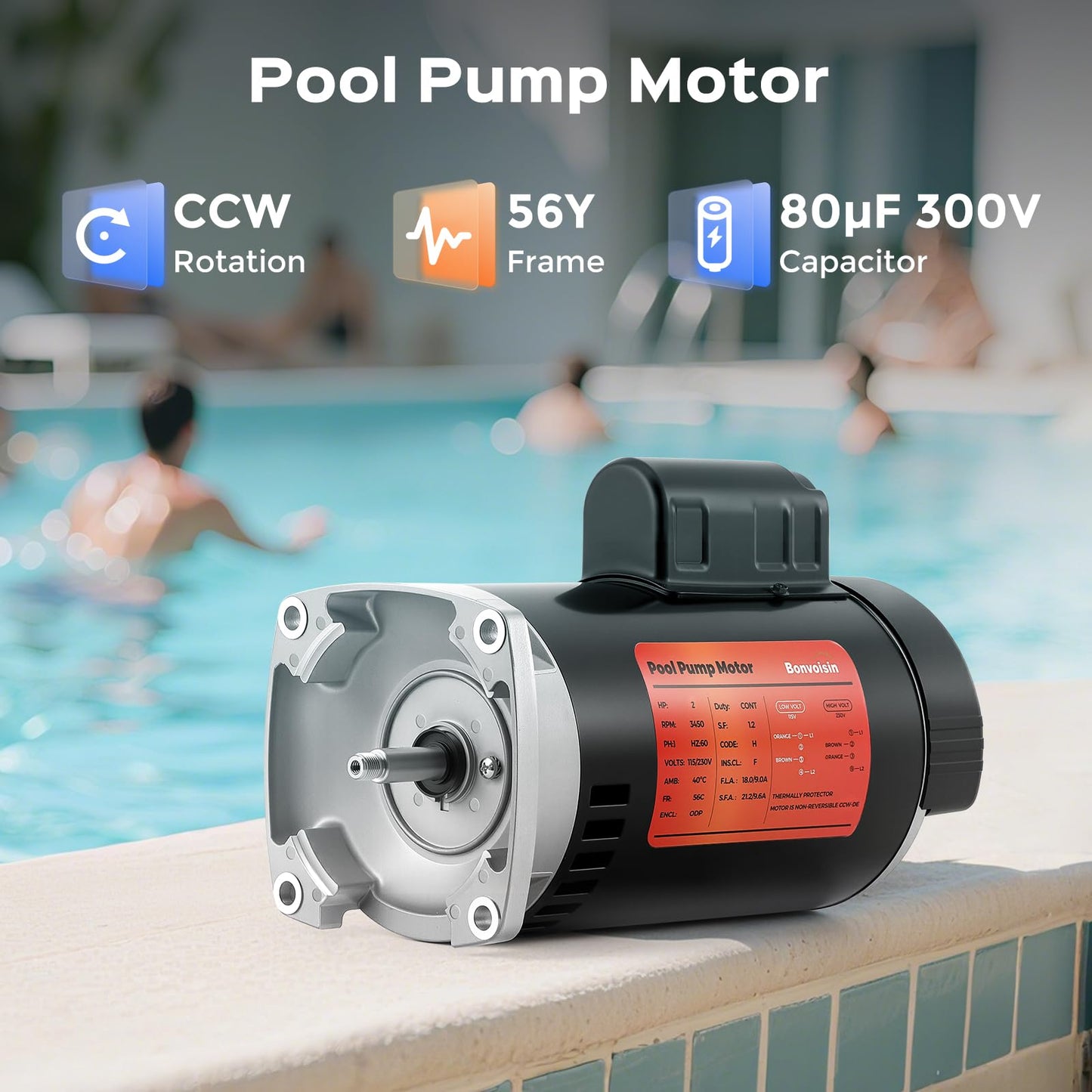 Bonvoisin 1.5HP Pool Pump Motor 56Y Frame 3450 RPM CCW Rotation Square Flange Replacement Motor with 80μF/300V Capacitor for Above Ground and Underground Swimming Pools 115V/230V