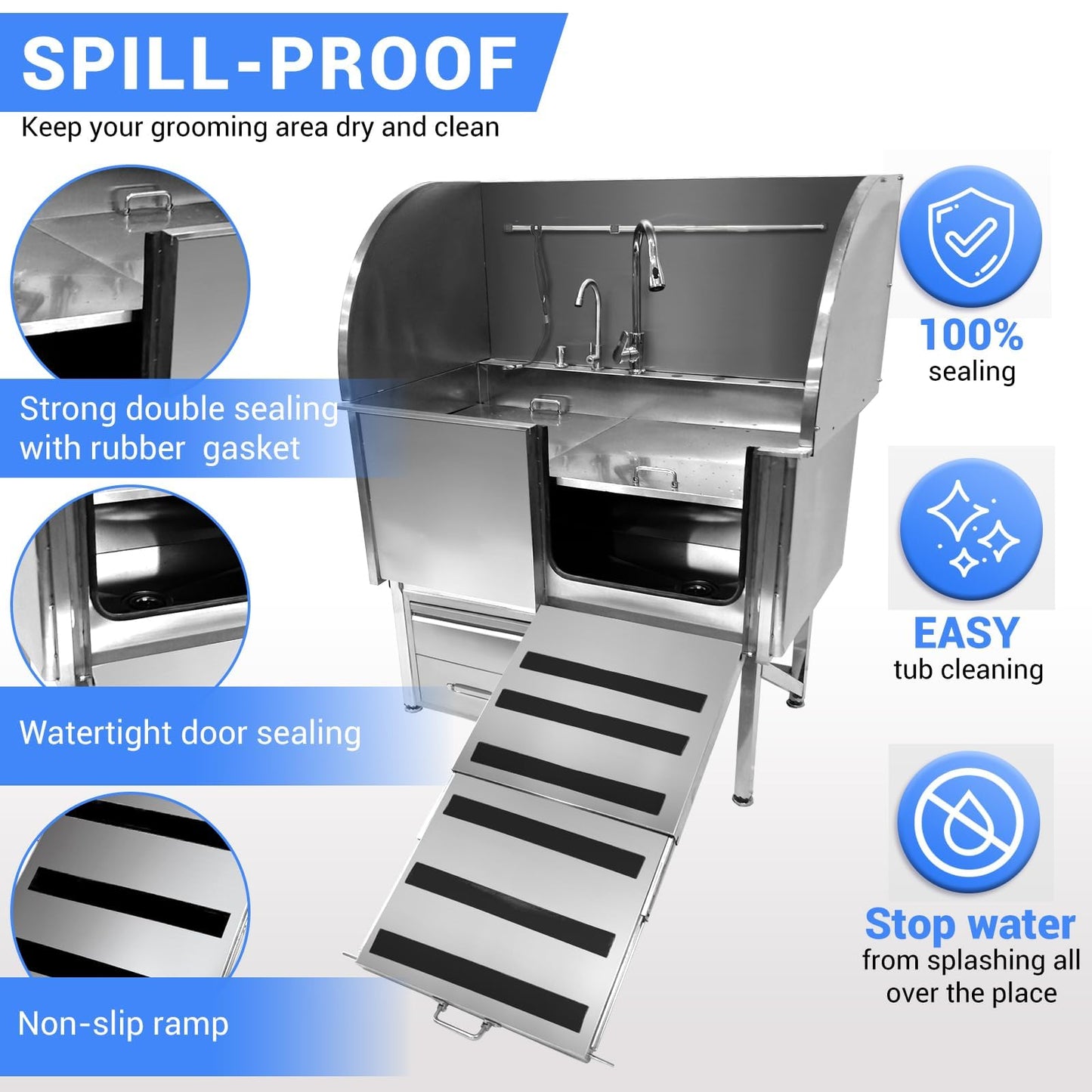 IDEALHOUSE 50" Dog Washing Station, Professional Stainless Steel Pet Dog Bathing Station with Ramp, Faucet, Storage Drawer, Floor Grate Dog Bathtub for Large, Medium, Small Pets (Right Ramp)