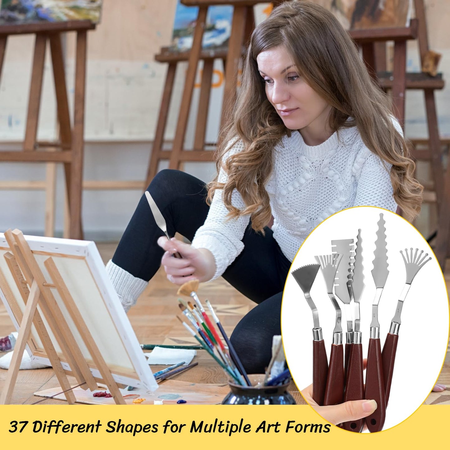 Lasnten 37 Pcs Palette Knife Set Pallet Knife Set Stainless Steel Paint Spatula Tools with Wooden Handle for Acrylic Color Mixing Scraper Supplies Oil Painting Accessories