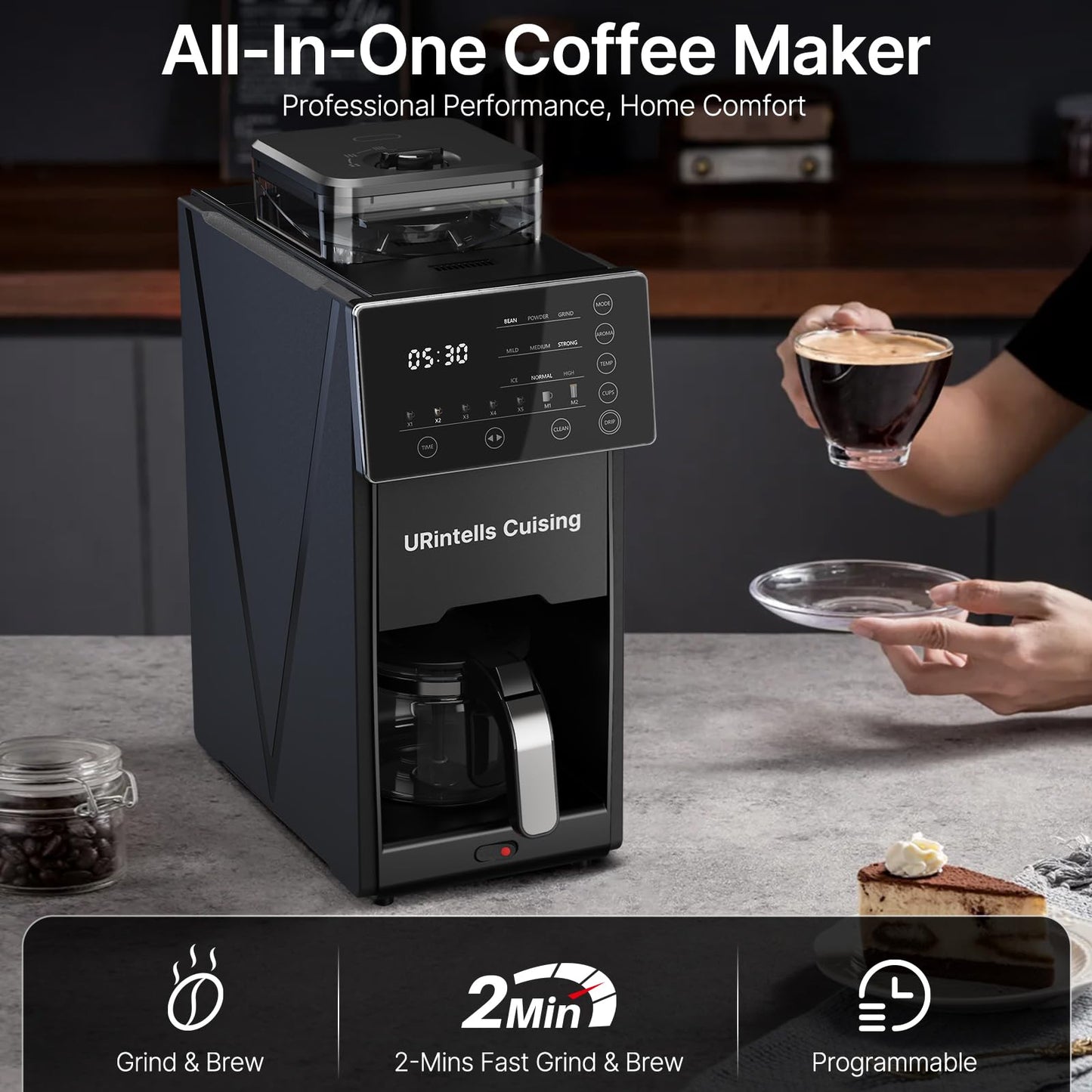 URintells Cuising Coffee Maker with Grinder, 22OZ Drip Coffee Maker with Glass Carafe and Removable Filter, Programmable Hot and Cold Bean to Cup Coffee Machine with Timer, Auto Shut Off