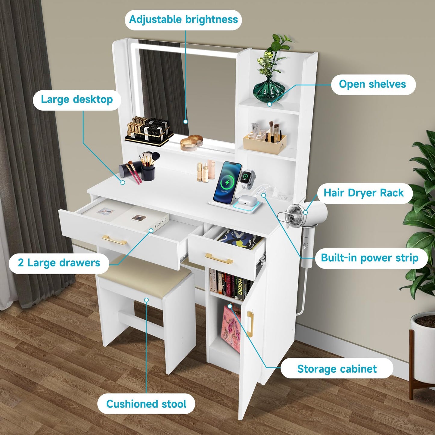 QUALIKRAFT Widescreen Vanity Set with LED Mirror & Stool, Makeup Desk with Built-in Power Outlet, 2 Drawers & 6 Shelves, Wide Lighted Dressing Table