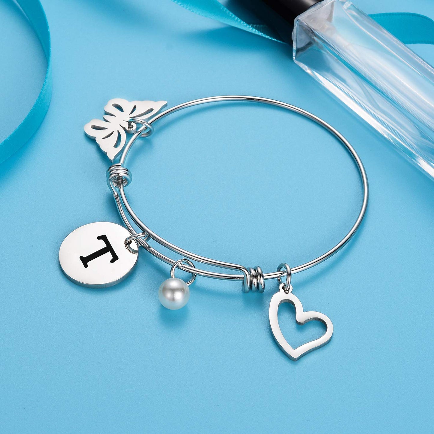 malyunin Initial Bracelet Charm Bracelets Heart Butterfly 26 Letters Alphabet Bracelet for Women Letter Bracelet Personalized Jewelry (T)