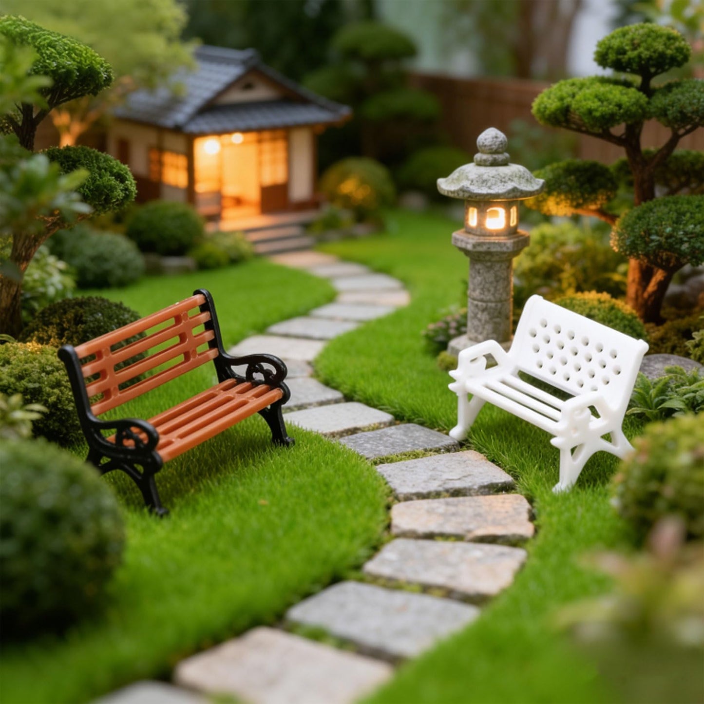 HEARTOOL Mini Park Benches, Dollhouse Furniture Model Plastic Miniature Parks Fish Tank Potted Plant Decoration for Plant Lover, Play House Micro Garden Decor(M, Orange, 4Pcs)