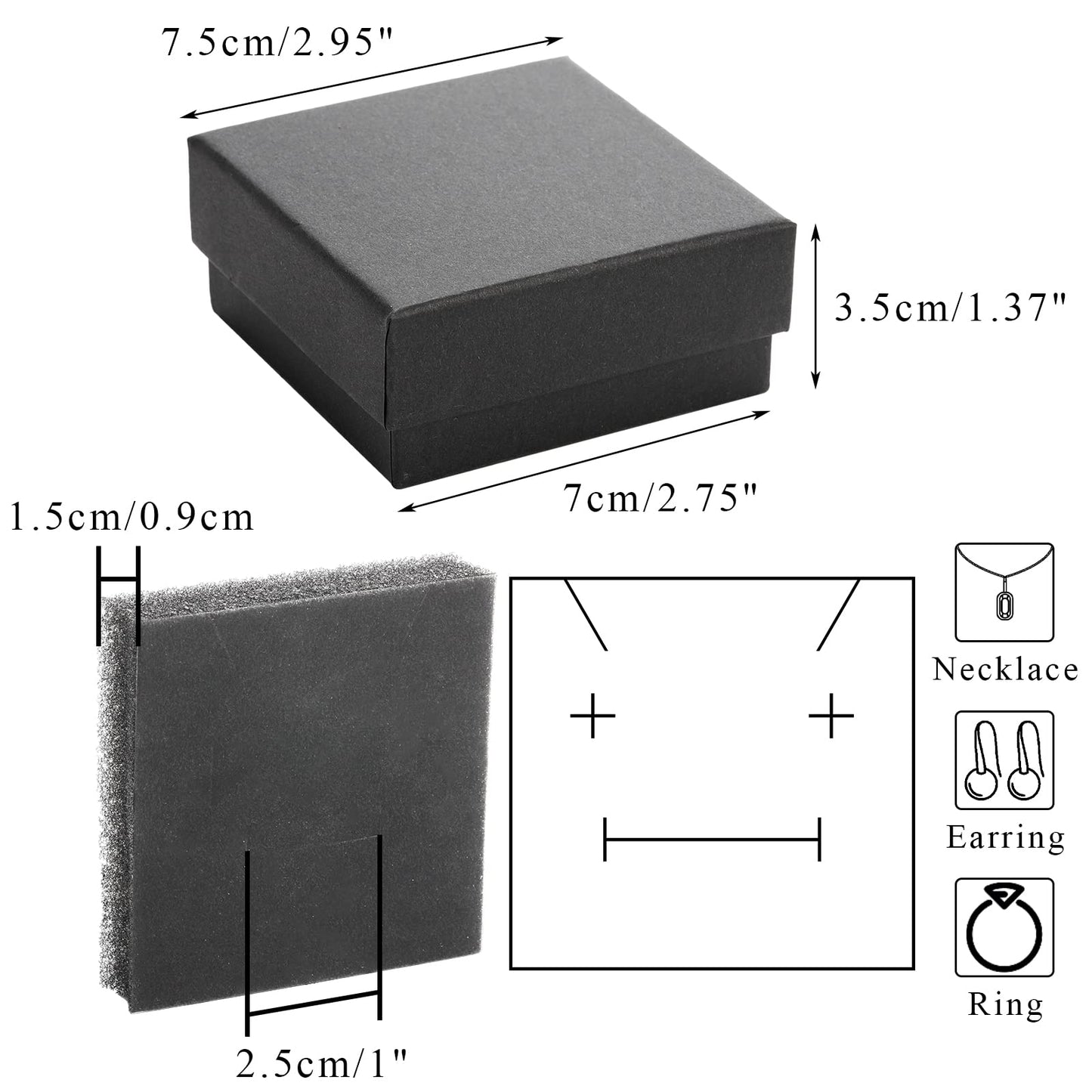 Fasmov Kraft Jewelry Boxes, 36 Pack 2.95 x 2.95 x 1.37 Inch Square Cardboard Jewelry Gift Box Necklace Ring Earring Kraft Box for Jewelry Set with Foam Insert, Black