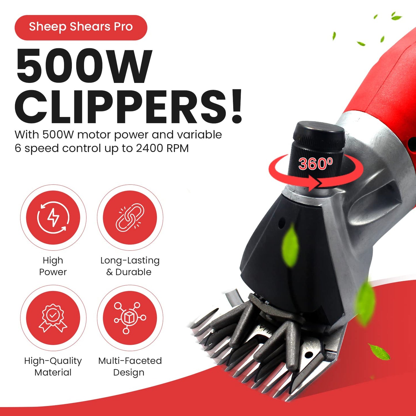 Sheep Shears Pro 110V 500W Professional Heavy Duty Electric Shearing Clippers with 6 Speed, 2 Blades, Shaving Fur Wool in Sheep, Goats, Cattle, Farm Livestock Pet, Grooming Carrying Case, Extra Blade
