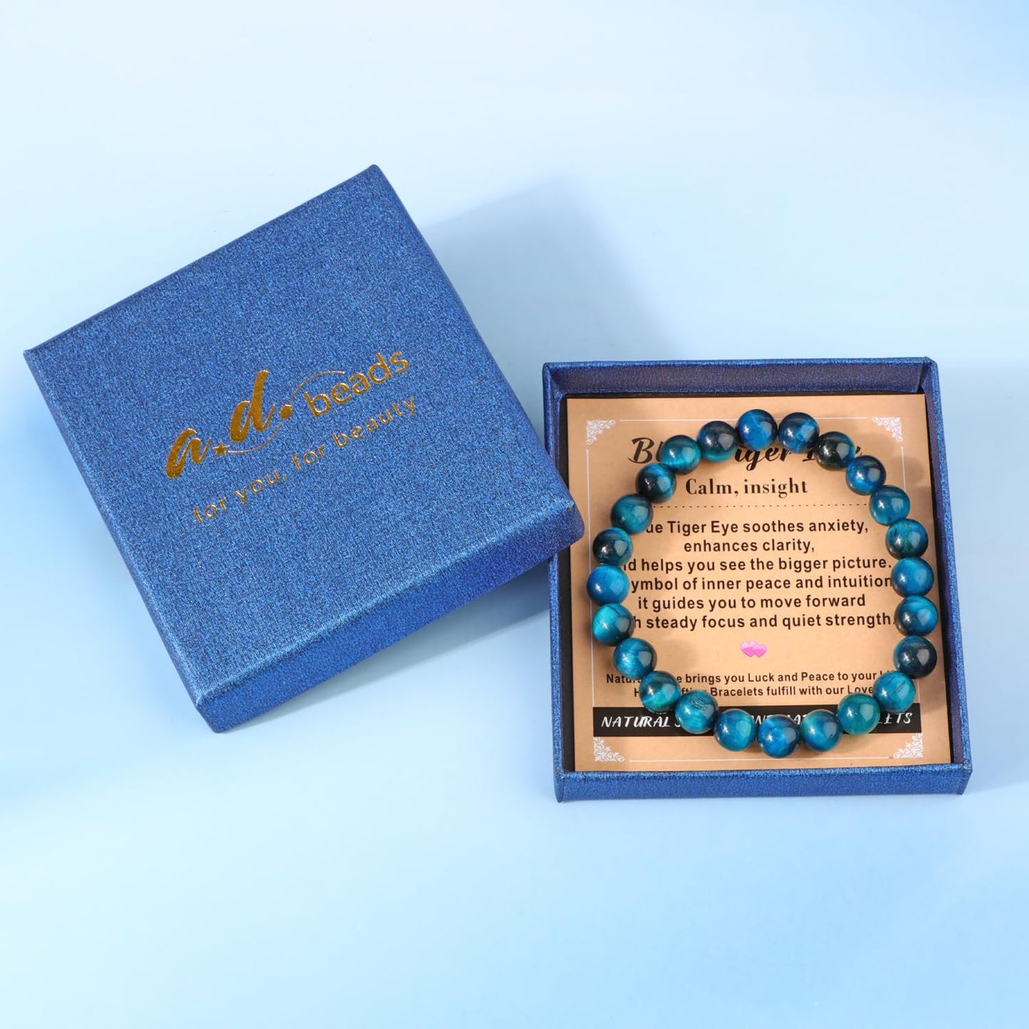 AD Beads 8mm Handmade Blue Tiger Eye Elastic Bracelet โ Natural Gemstone for Calm and insight โ Meditation, Yoga, Healing and Energy Gift for Men Women