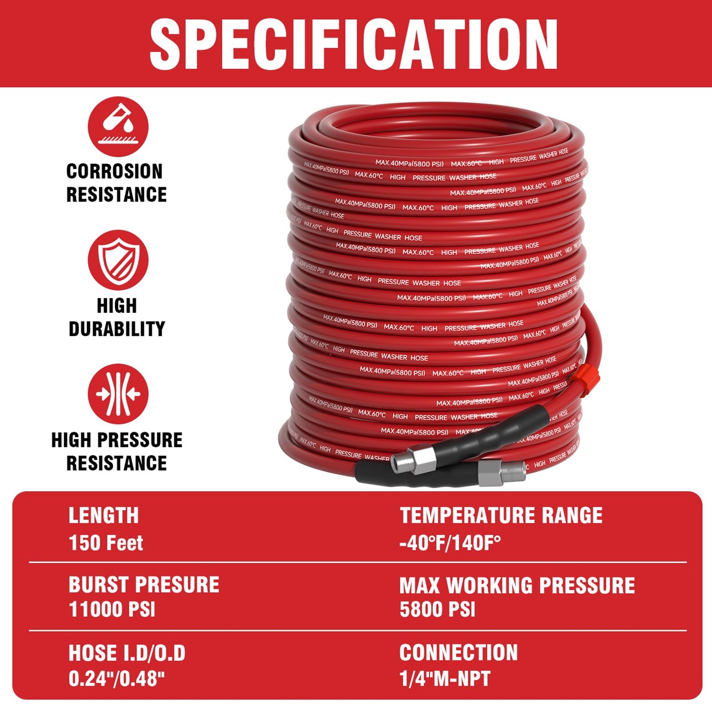 Sewer Jetter Kit 150FT for Pressure Washer, 5800 PSI Drain Cleaner Hose 1/4 Inch NPT with Spray Nozzle, Button Nose and Rotating Sewer Jetting Nozzle, Spanner Teflon Tape Pearl Corsage Pin