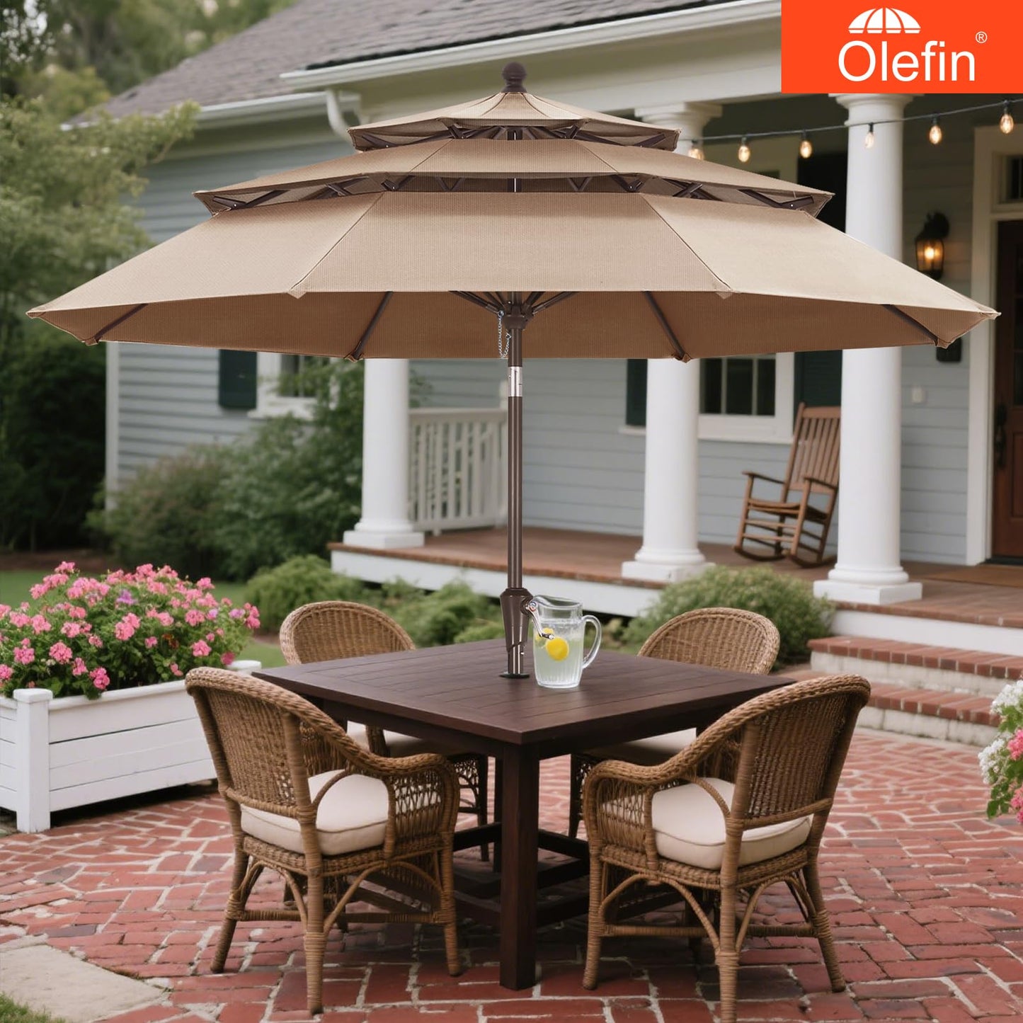 MASTERCANOPY 9ft 3-Tier Olefin Patio Umbrella with Tilt Crank, 5-Year-Non-Fading Canopy & 8 Fiberglass Ribs for Deck, Patio, and Garden, Light Brown