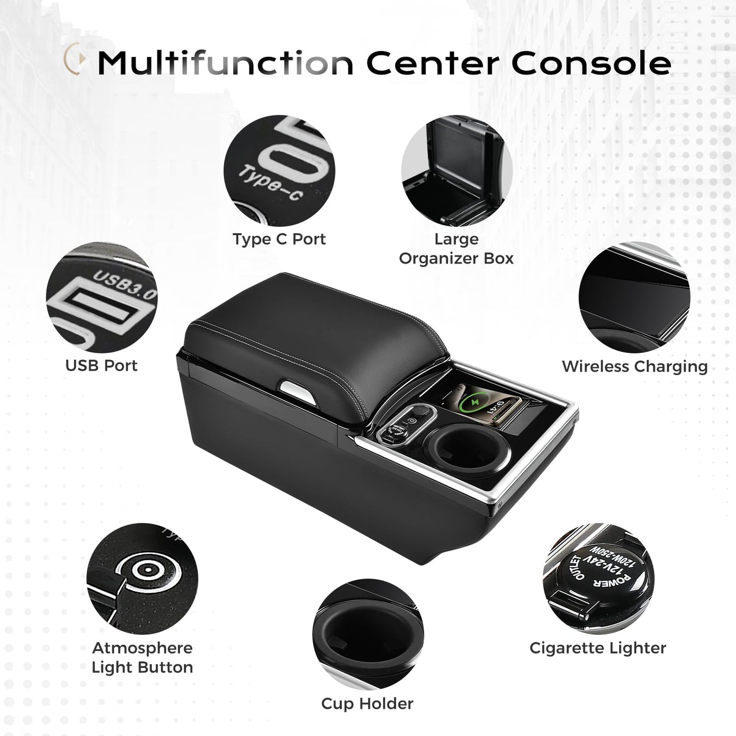 Coverado Center Console, Universal Bench Seat Center Console with Wireless Charging & Cup Holder & 7 Light Modes, Truck Back Seat Car Organizer, Rear Central Car Armrest Box with Storage, Black
