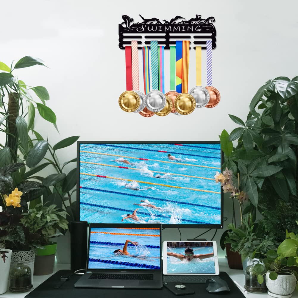SUPERDANT Swimming Medal Holder Display Hanger Rack Sports Metal Wall Mount Ribbon Award Holder Display Rack Swim Race Medal Hanging Organizer Gifts for Kids Athletes Swimmer 15.75x6in
