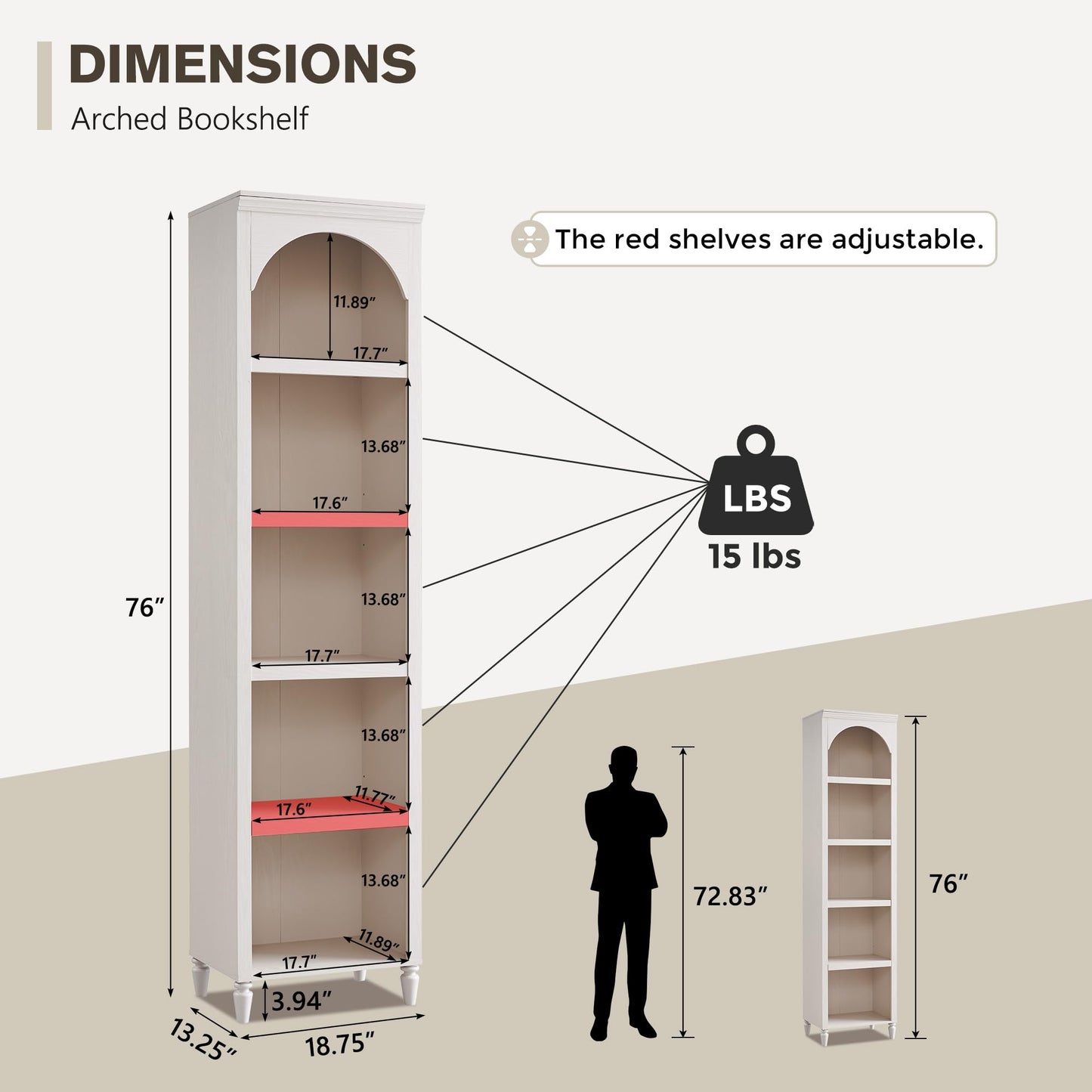IFGET 76" Tall Arched Bookcase, Farmhouse 5 Tiers Narrow Arched Bookshelf Cabinet with Adjustable Shelves, Modern Wooden Book Shelf w/Storage and Open Display Shelves for Living Room, Office-Cream