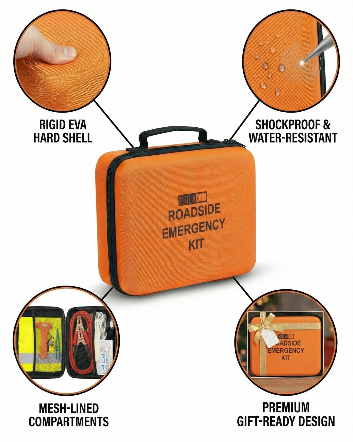 HolaKit Car Emergency Kit β Roadside Safety Kit with Jumper Cables, LED Headlamp, First Aid, EVA Bag, Poncho, Safety Vest & More β Ideal for Cars, SUVs, Teen Drivers & Families