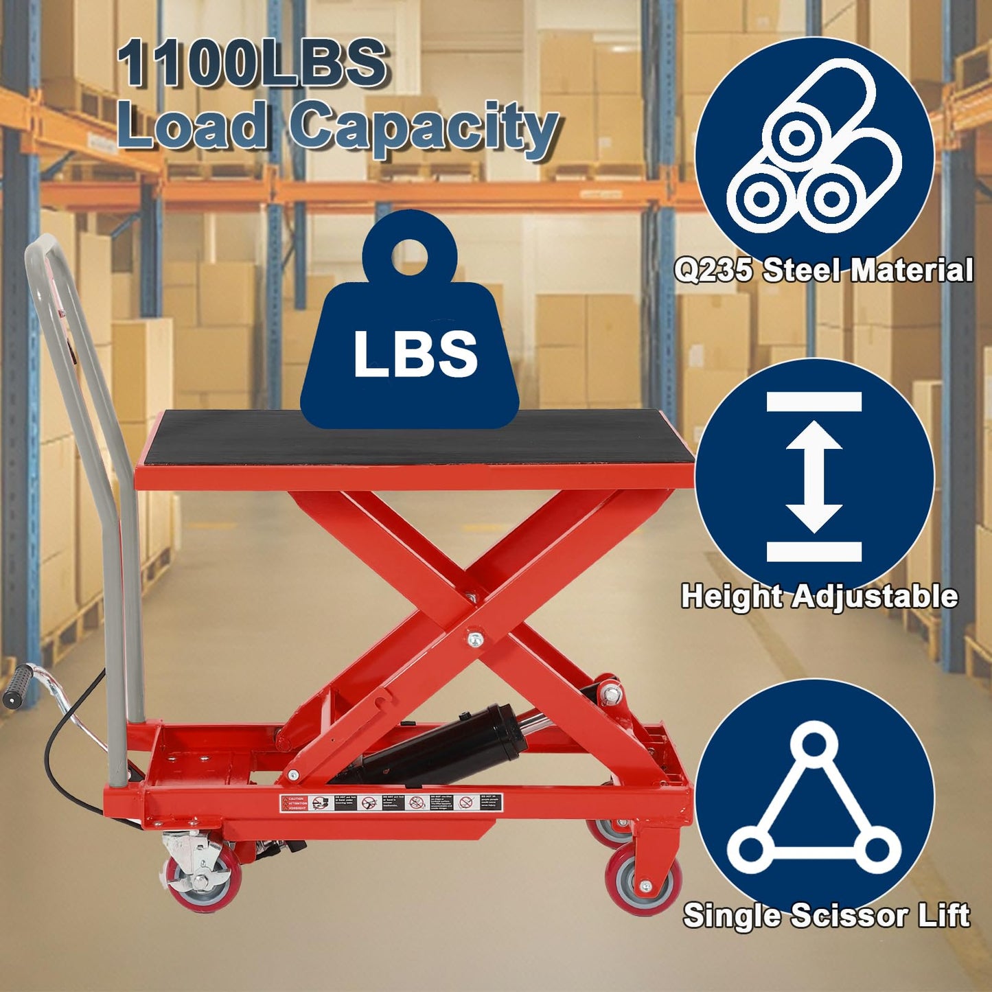 Hydraulic Lift Table Cart, 1100 LB Capacity, 32 in Lifting Height, Manual Single Scissor Lift Cart with Non Slip Platform & Wheels, Heavy Duty Lifting Table for Warehouse Shop, Red
