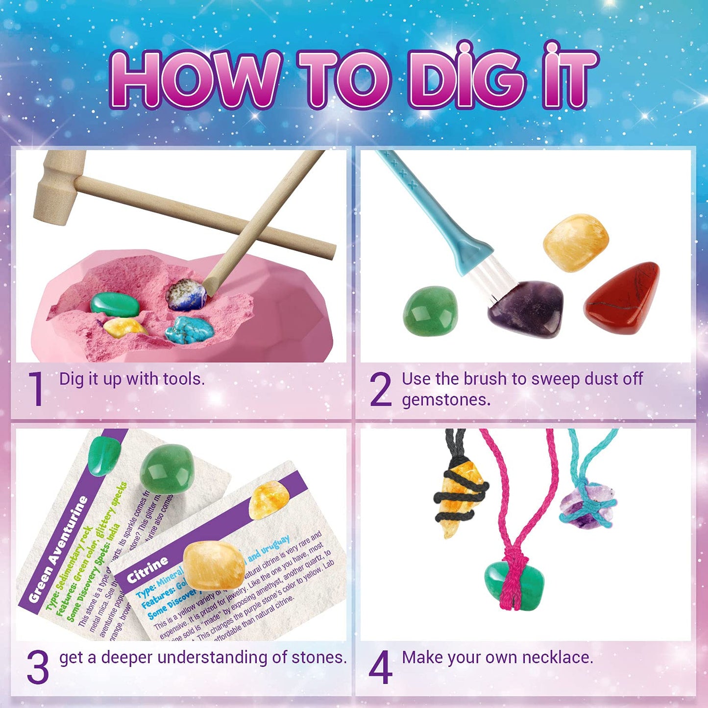 EDUMAN 6PCS Gemstone Dig Kit for Kids – Dig Up Amethyst, Lapis Lazuli, Citrine, Red Jasper, Aventurine & Turquoise – DIY Jewelry Making STEM Science Kit Gift for Girls and Boys Ages 6+