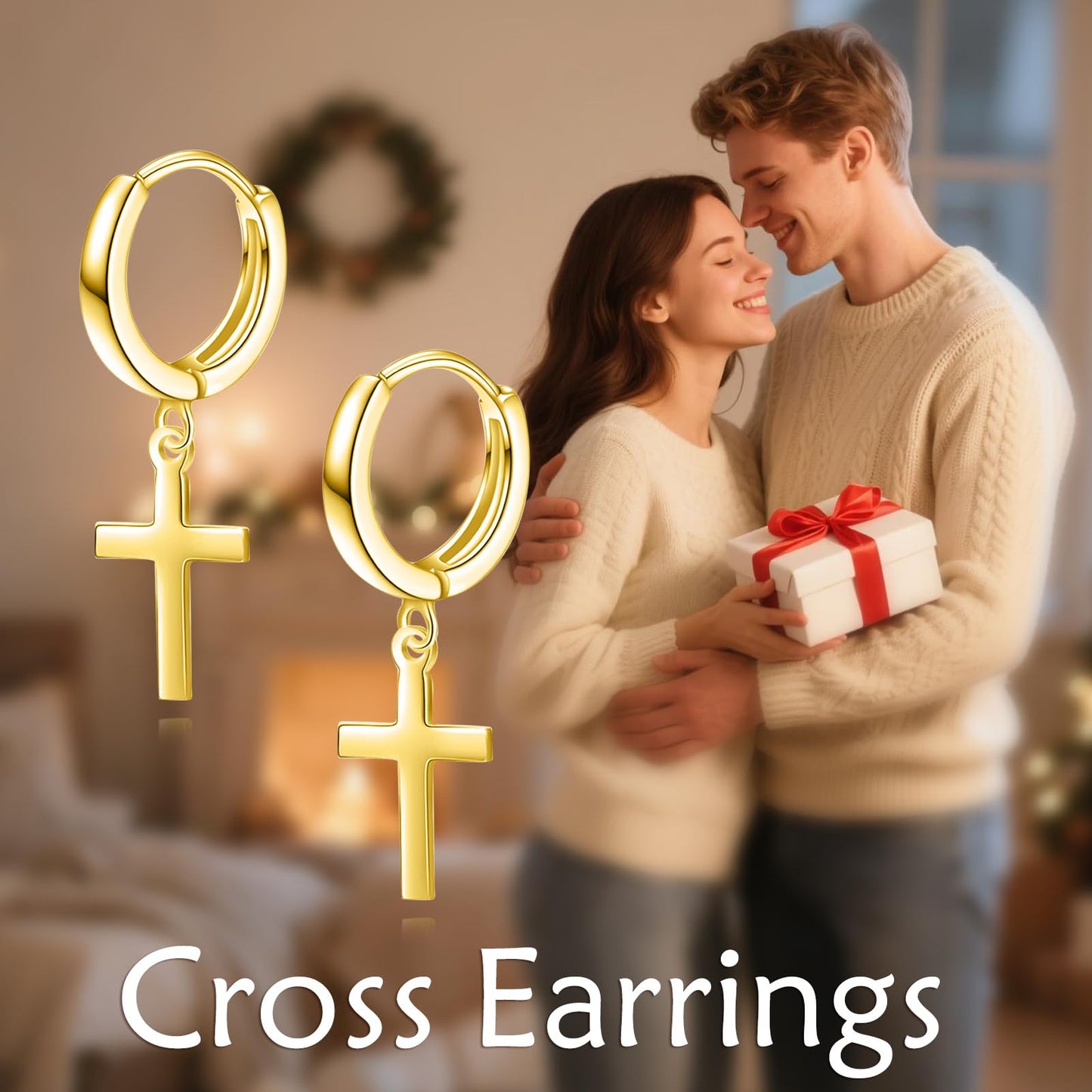 18K Gold Plated Hanging Cross Hoop Earrings for Men Women Sterling Silver Cross Dangle Earrings Religious Jewelry Gifts