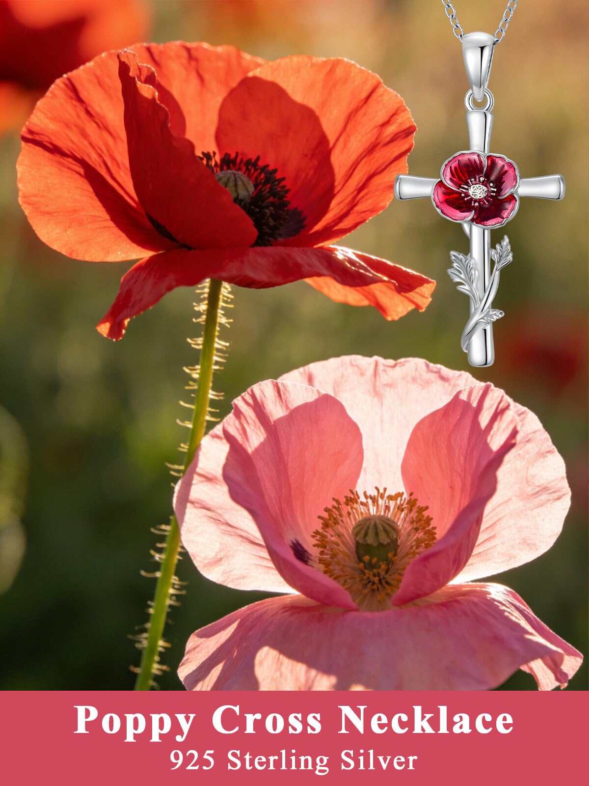 Cargari Red Poppy Flower Cross Necklace 925 Sterling Silver Poppy Cross Pendant Necklace Religious Floral Jewelry Gift for Women