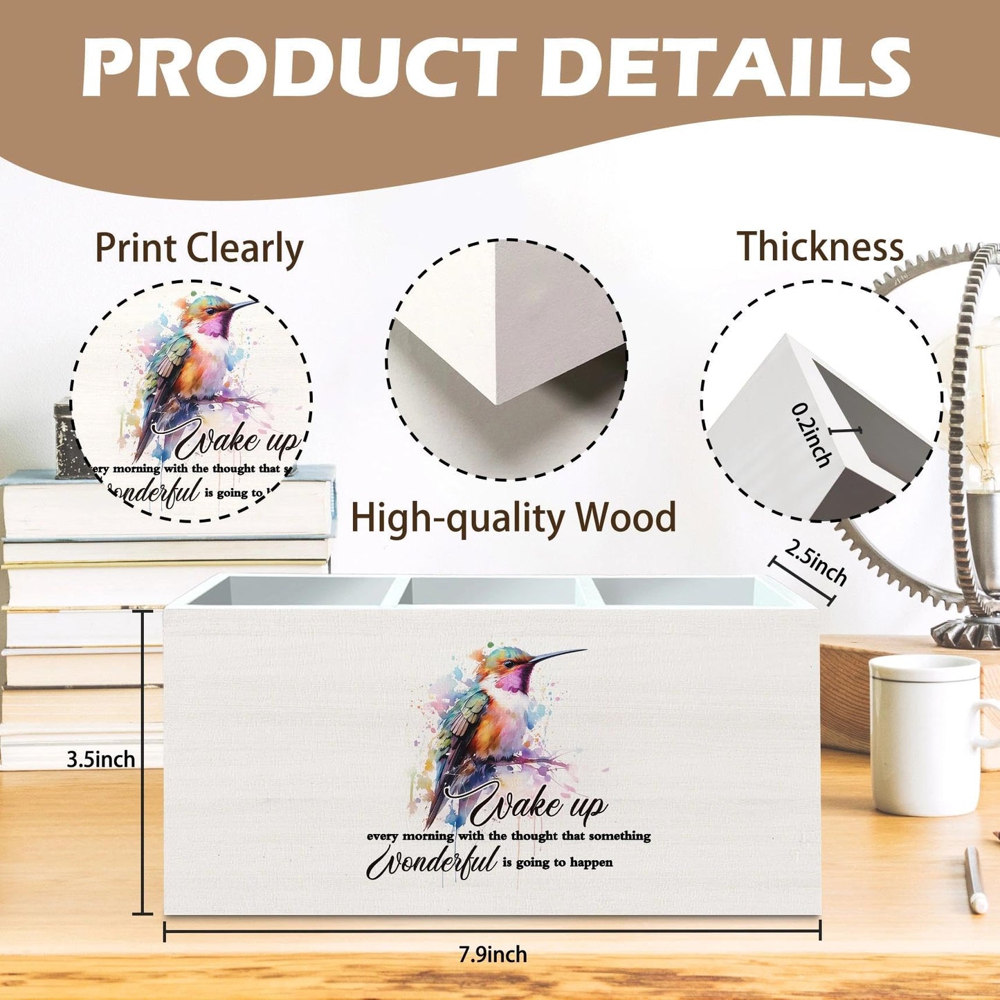 DILSJ Hummingbird Inspirational Pen Pencil Holder Organizer for Desk, Inspirational Gifts for Women, Motivational Quotes Wooden Box Signs for Home Office Desk Tabletop Decoration, Supplies