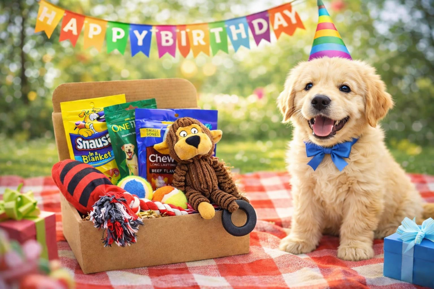 Fansco Dog Gift Box for Small Dogs & Puppies – Dog Birthday Gift Set with Toys & Treats, New Puppy Welcome Kit, Pet Gift Basket for Dogs