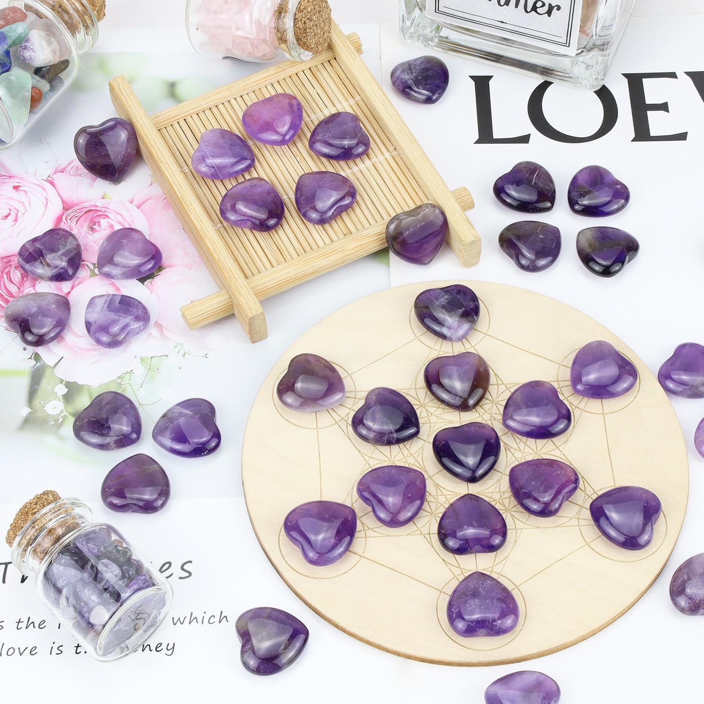 NUKAYAI 20PCS Amethyst Crystals Healing Stones Love Heart Shaped Polished Crystal Natural Purple Cute Pocket Thumb Reiki Wholesale Set Balancing Meditation Mothers Day Bulk Gifts for Women