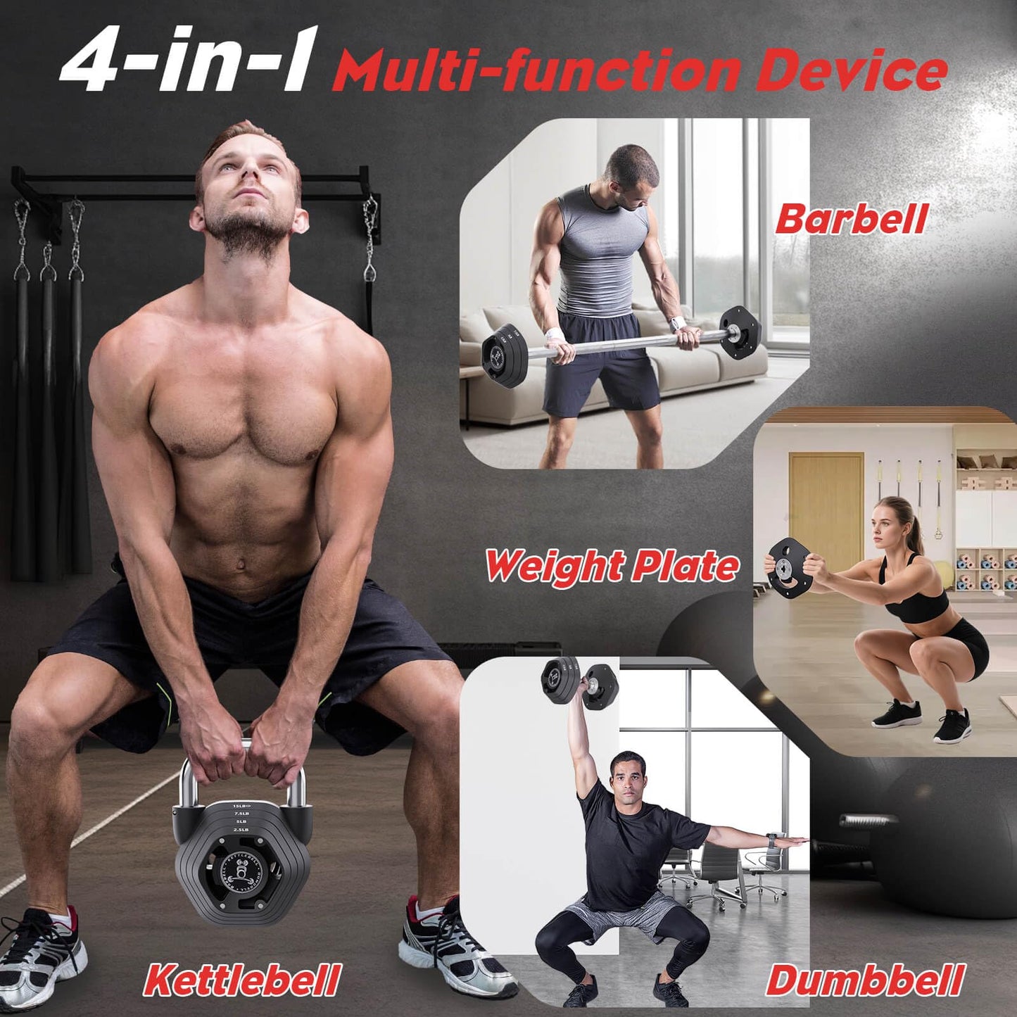 Tepemccu 4-in-1 Adjustable Kettlebell, 5.88-45lbs Kettlebells Weight Set, Adjustable Weight Kettlebell Used as Dumbbell, Barbell for Home Gym Full Body Workout (Black)