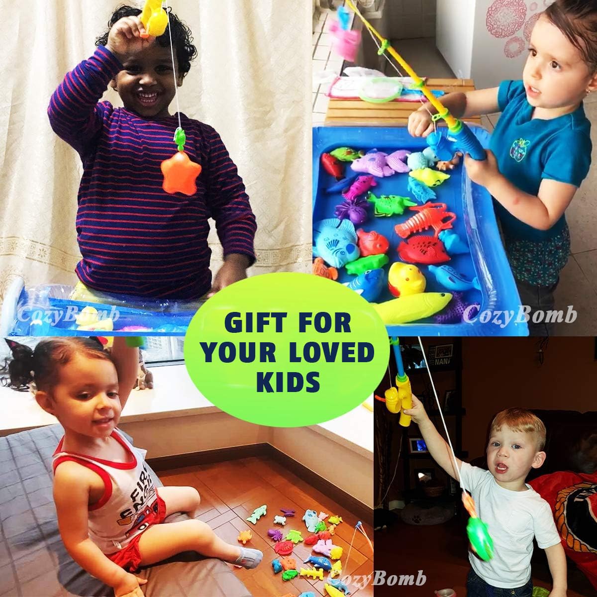 CozyBomB™ Magnetic Fishing Toys Game Set for Kids | Water Table Bathtub Kiddie Pool Party Pole Rod Net, Outdoor Plastic Floating Fish, Toddler Bath Color Ocean Sea Animals Birthday Gift Age 3-5 6 4-8