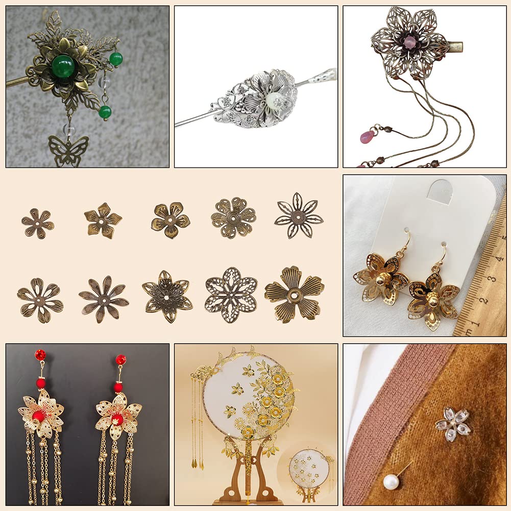 PandaHall 200pcs Flower Spacer Beads, 10 Styles Iron Flower Bead Cap Filigree Tibetan End Caps for DIY Earrings Bracekets Necklace Jewelry Craft Making Supplies, Antique Bronze