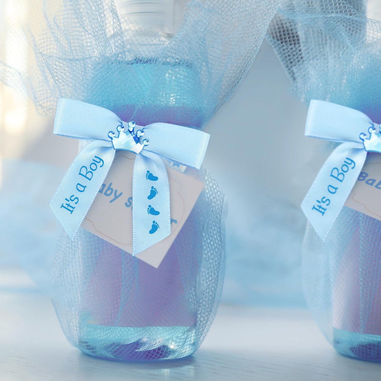 Wavwavw 100 Pcs Baby Shower Satin Ribbon Twist Tie Bows 2.5" Pre Tied Craft Bow Baby Foot Print Ribbon Bows for Baby Shower Birthday Party Treat Bags Gift Wrapping Basket Decor (Baby Blue)