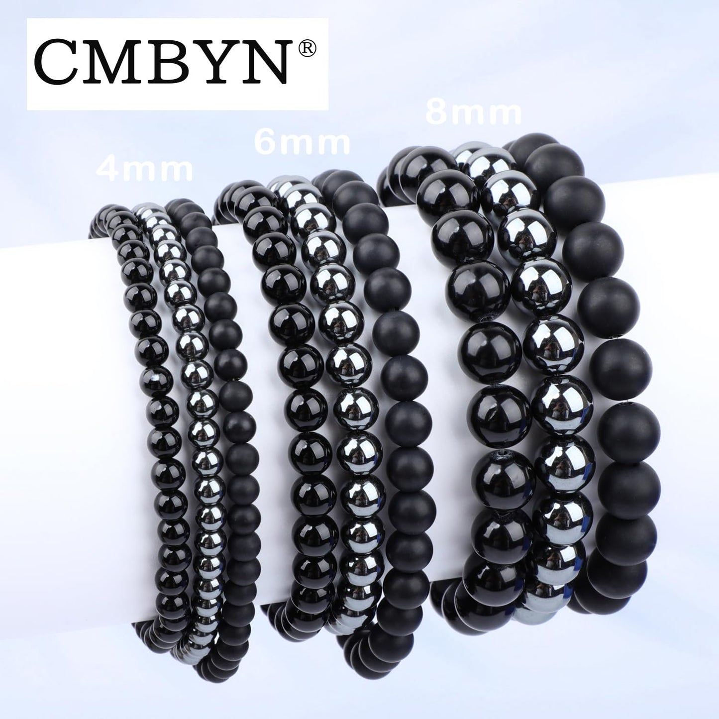 CMBYN 3-Pieces 4mm Natural Crystal Gemstone – Black Onyx, Hematite, Matte Black Agate Handmade Reiki Energy Healing Stretch Bracelets Jewelry for Yoga, Meditation, Unisex