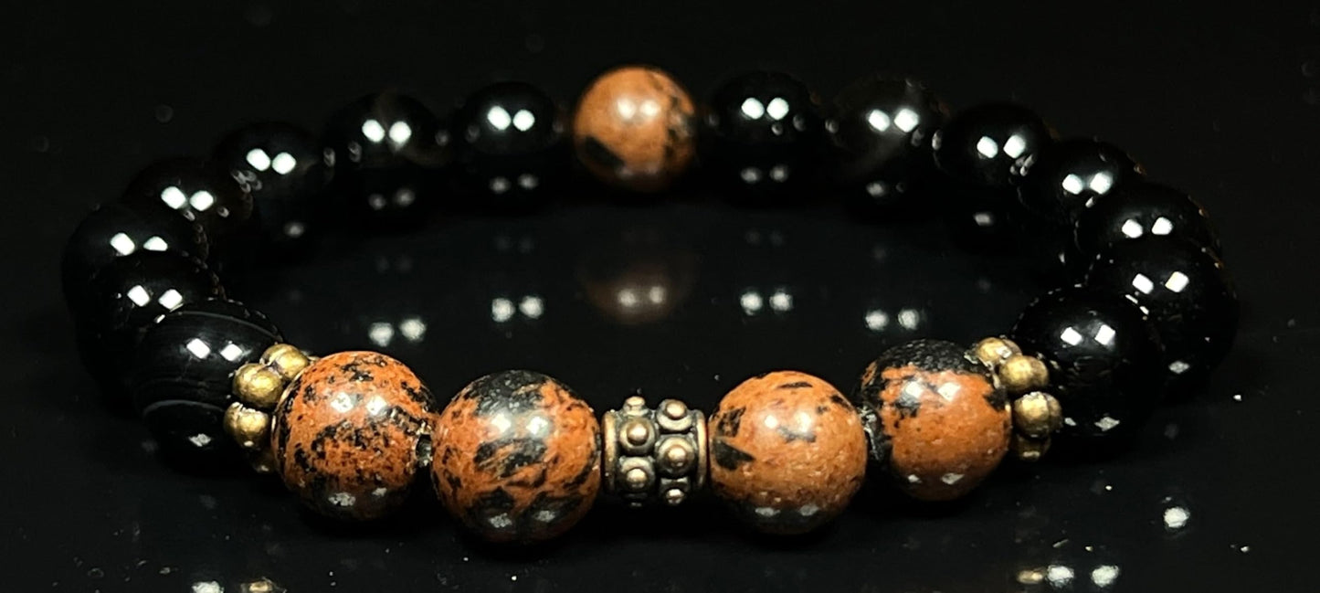 AWAKEN YOUR KUNDALINI Mahogany and Black Obsidian Stretch Bracelet | 10mm Beads | October November December Birthstones for Scorpio Sagittarius | Root Chakra Grounding Beads (Wrist Size 7.5 Inches)