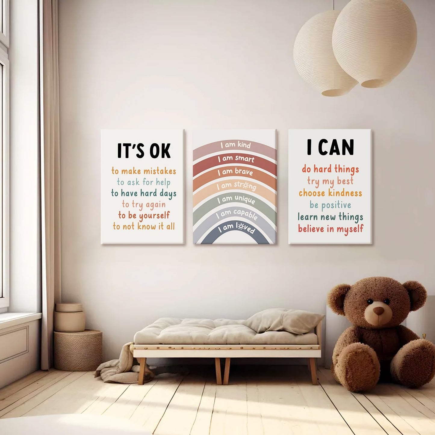 RUMSICH 3-Pcs Children's Motivational Quotes Canvas Framed Wall Art: I am Kind and Brave Wall Decor Artwork with Positive Affirmations Poster Print for Baby Room/Toddler Room Decoration16 x 24 inch