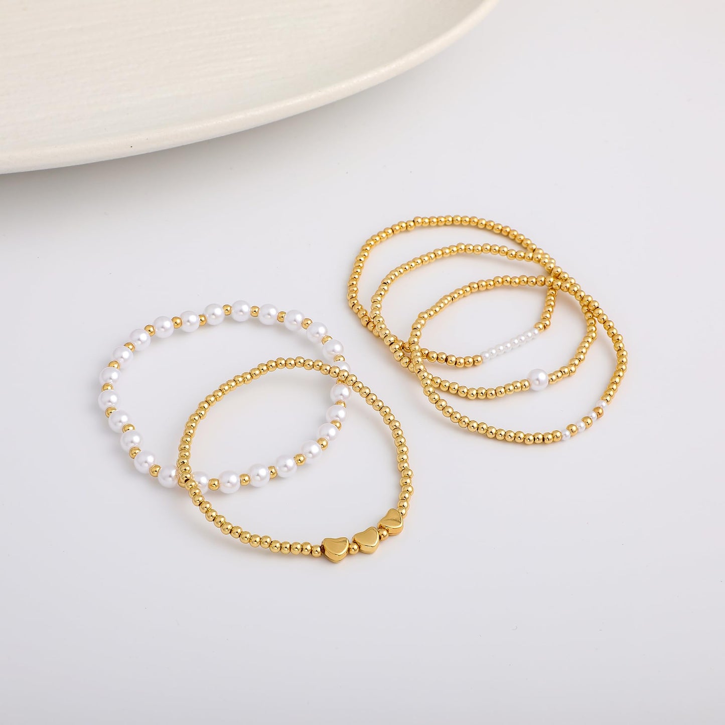 Sajidos Gold Plated Beaded Bracelets for Women Trendy, 14K Gold Plated Stack Cross Pearl Gold Plated Bead Stretch Bracelets Set Elastic Hypoallergenic Bracelets Jewelry Gifts (style11-heart)