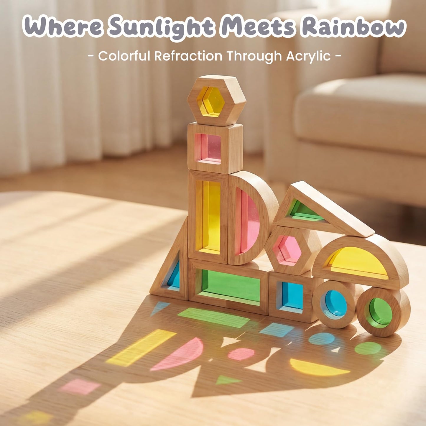 WOODENFUN Wood Building Blocks Set for Kids,Rainbow Stacker Stacking Game Construction Toys Set Preschool Colorful Learning Educational Toys, Geometry Wooden Blocks for Boys Girls