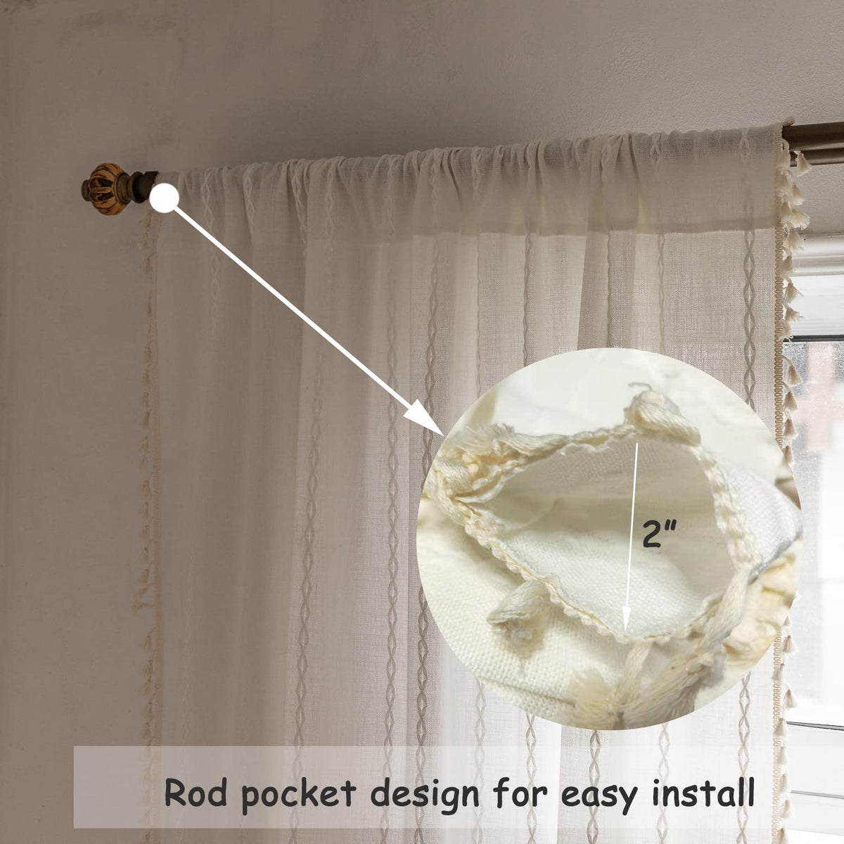 BCLBUSTE Boho Curtains - Embroidery Linen and Cotton 63 Inch Length 2 Pannels for Living Room, Cream Off White Light Filtering Farmhouse Curtains with Rod Pocket Draperies 52" W x 63" L