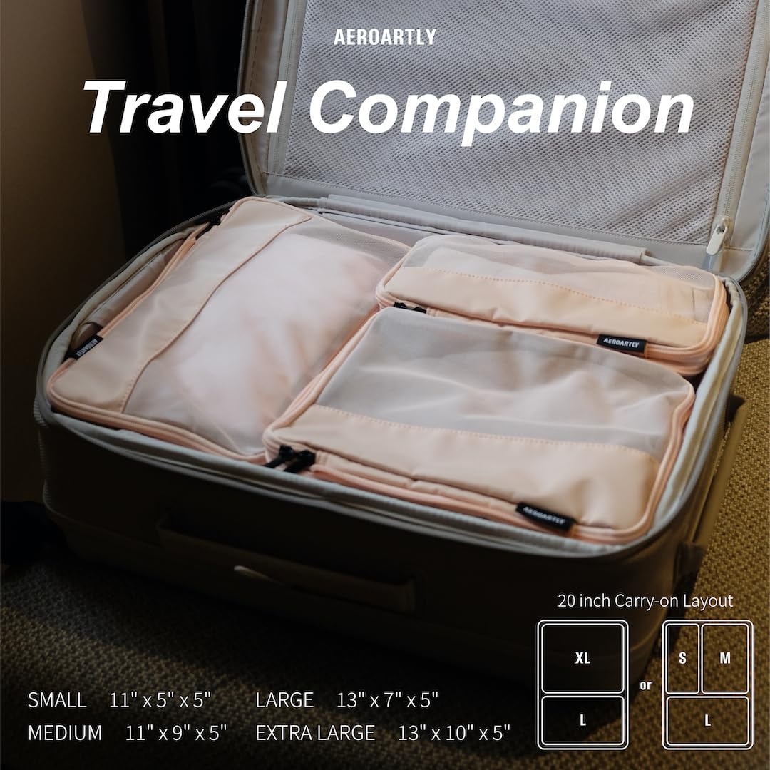 AEROARTLY Compression Packing Cubes for Travel, Carry On Suitcase Organizer, Travel Essentials for Women and Men, Travel Bags for AEROARTLY Luggage, Holiday & Birthday Gifts Bags (4PC Set, Beige)