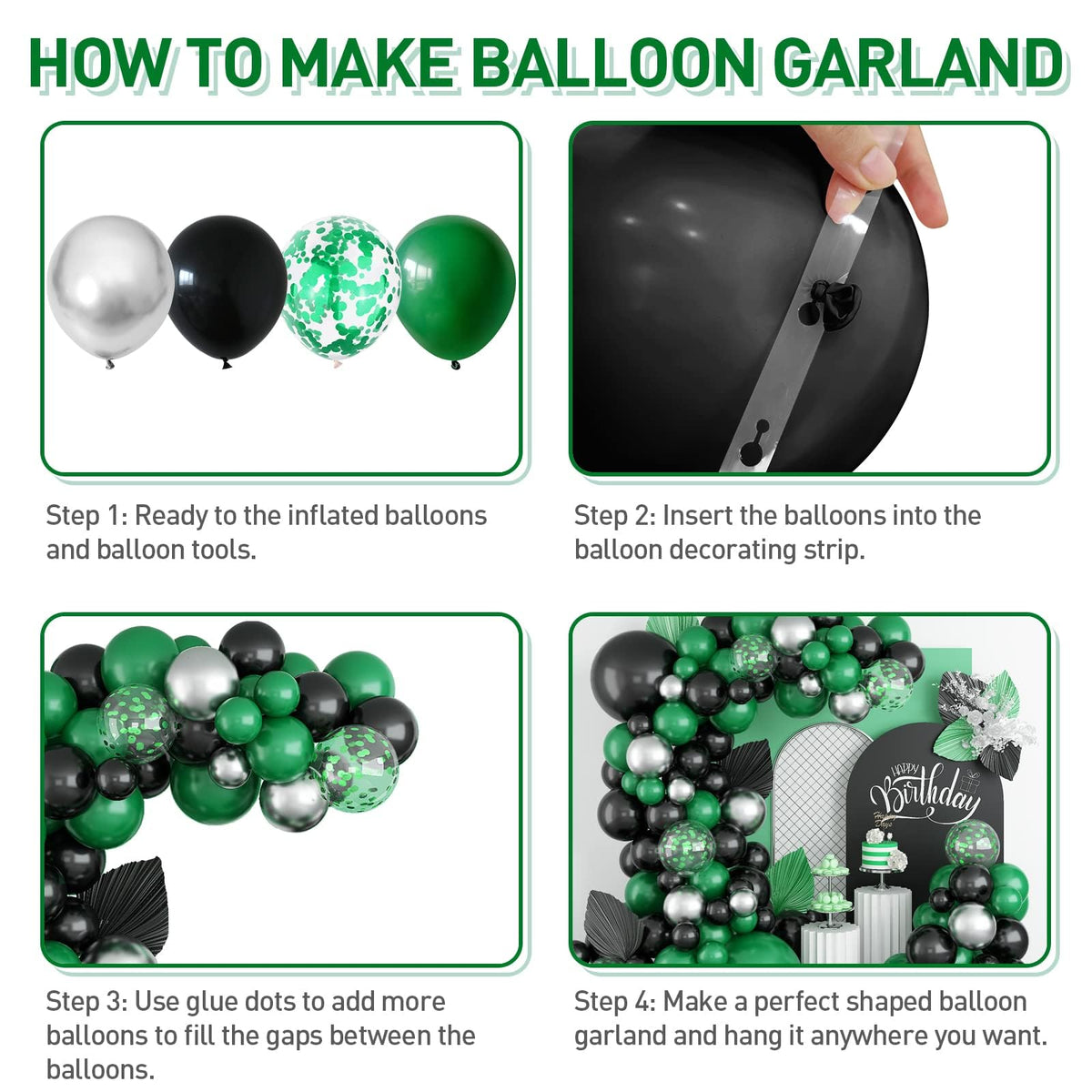 Black Green Balloon Garland,BTZO Balloons Arch Kit With Metallic Silver Confetti Balloon,Black and Green Balloons for Birthday Wedding Bridal Shower Graduations Party Decorations