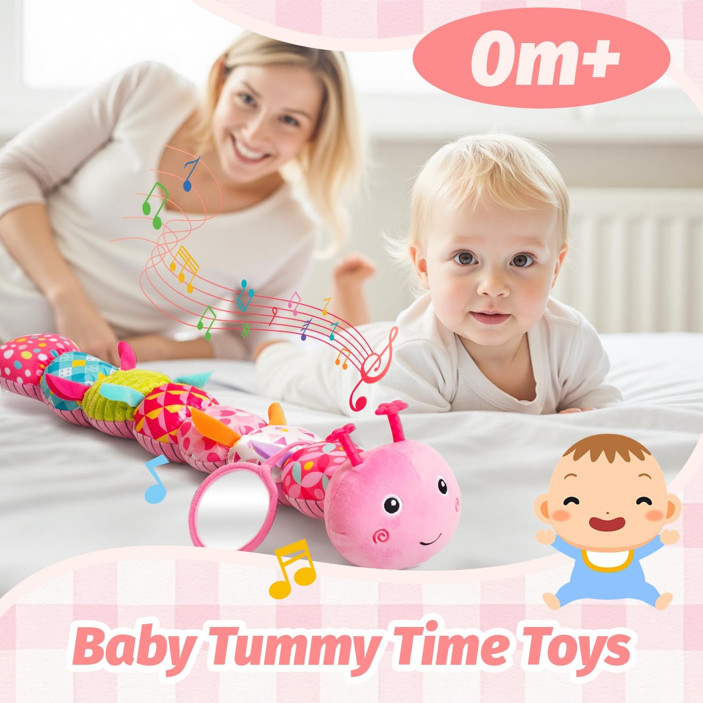 Baby Toys 0-6 Months, Musical Caterpillar Plush Toy with Rattles,Crinkle Sound, Mirror, Newborn Sensory Toys for Infants Developmental Stuffed Animal with Tummy Time for Boys Girls 6-12 Month (Pink)