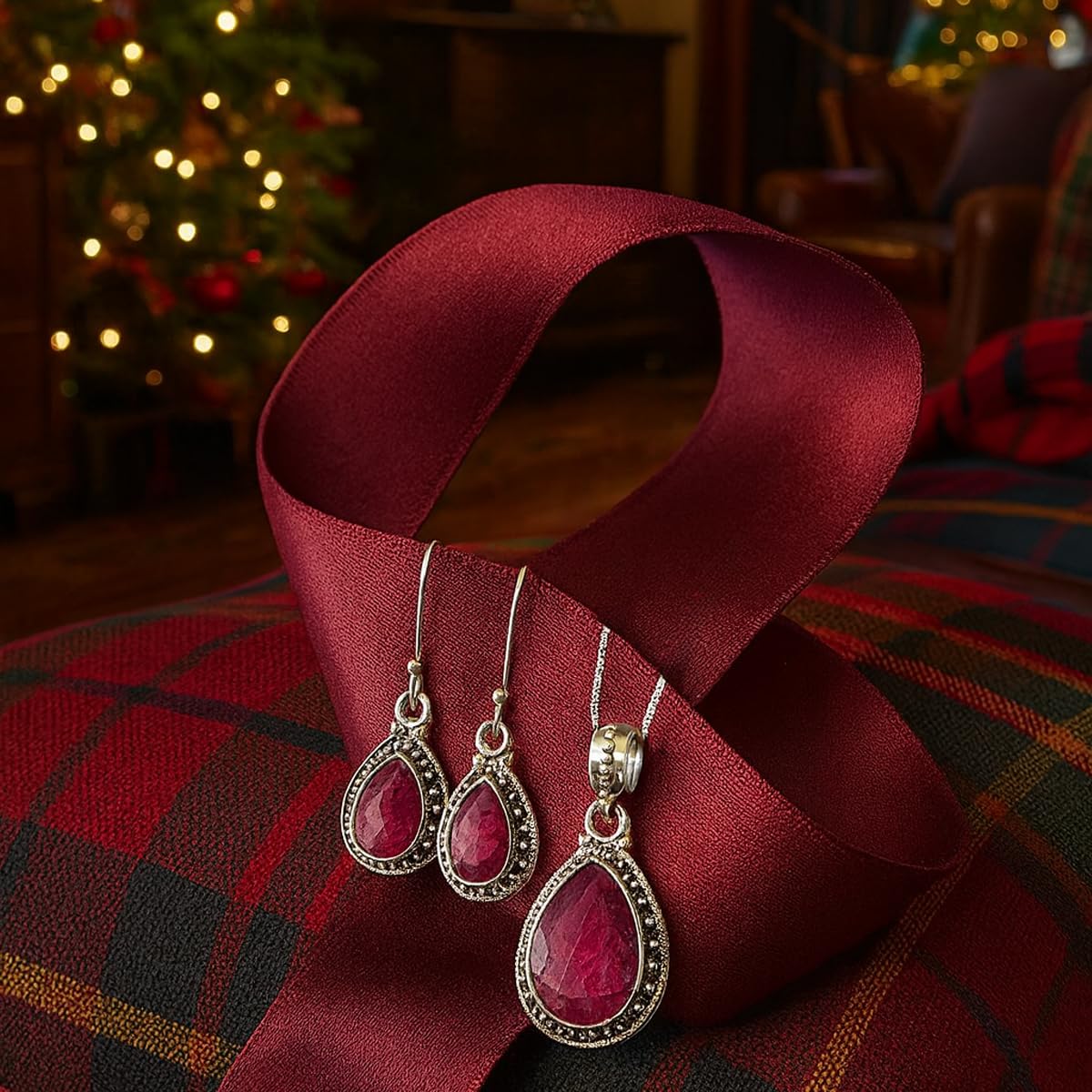 Sivalya AMALFI Raw Ruby Necklace and Earring Set in Solid Silver - Jewelry Set for Women in 925 Sterling Silver - Natural Pear Stones - Raw Ruby Gemstone Jewelry- Gift Packaging Included