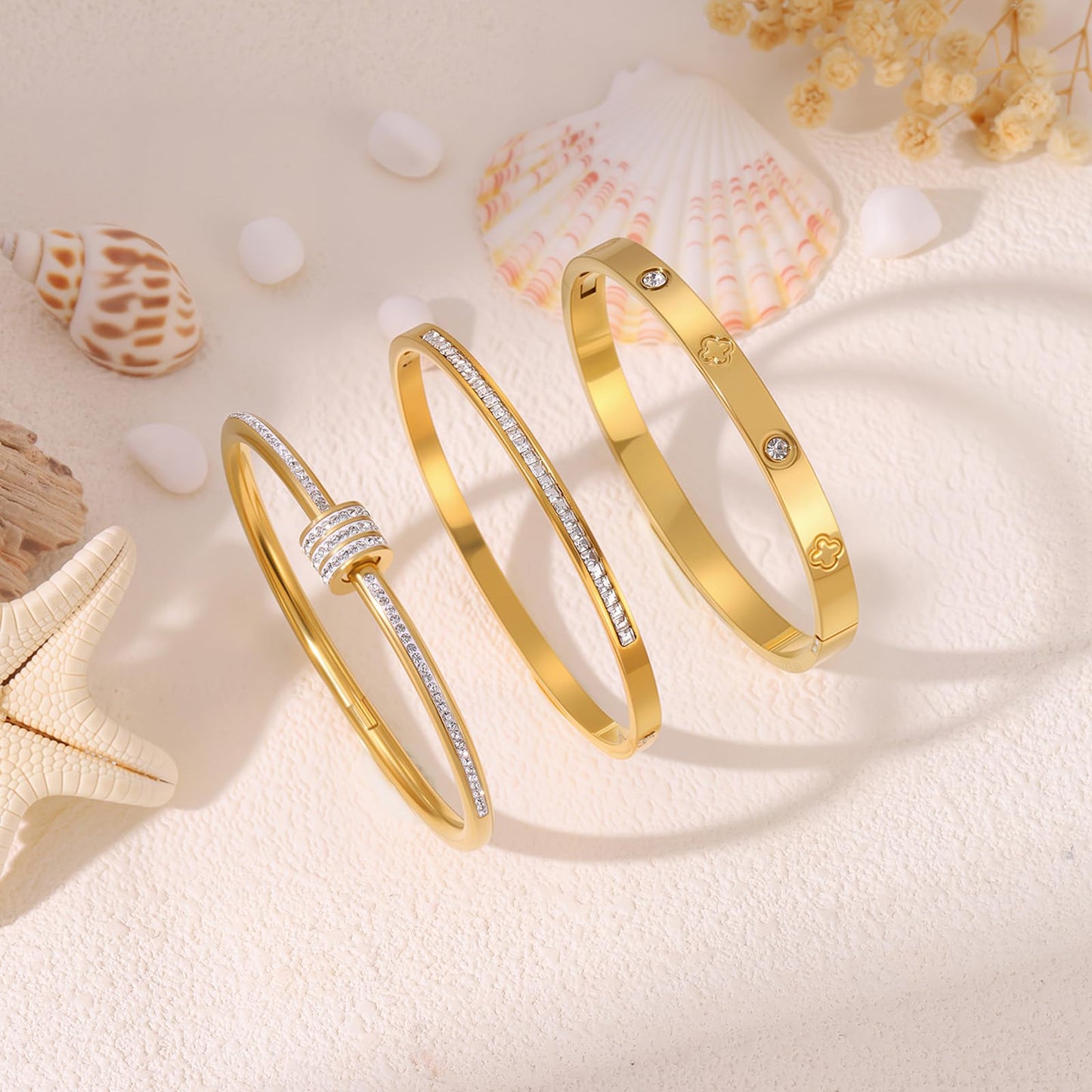 Camhanno Gold Bracelets for Women - Crystal Stackable Bangles with Friendship & Love Theme - Stainless Steel Jewelry, Ideal Birthday Gift (Style 6)